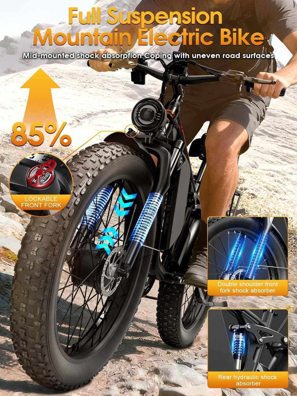 Updated Electric Bike for Adults 5000W Peak Dual Motor Ebike, 52V 32Ah Battery, 45MPH 26' Fat Tire Electric Bicycle, 6 Riding Modes, Full Suspension Electric Mountain Bike for Off Road Snow Sand