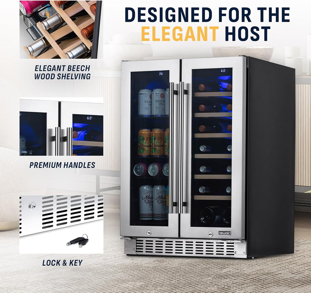NewAir 24' Dual Zone Beverage Refrigerator & Wine Cooler for 18 Bottles & 60 Cans | Freestanding or Built-In Under Counter Mini Fridge for Beer, Wine and Soda | Stainless Steel
