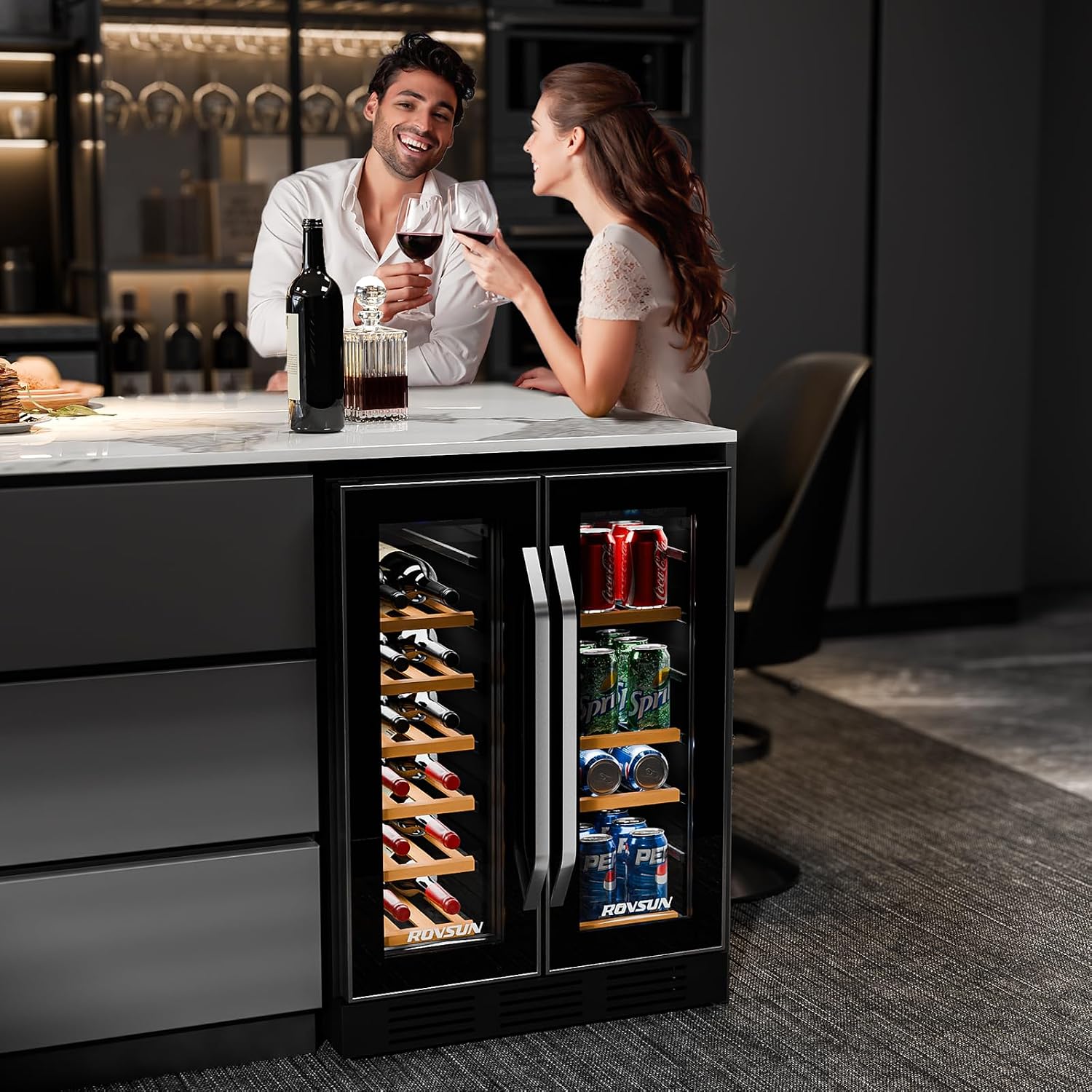 ROVSUN 17 Bottles & 61 Cans Wine and Beverage Refrigerator, Dual Zone Wine Cooler with 37-64°F Temp Control & LED Light, Built-in/Freestanding/Under Counter Wine Fridge for Red Wine, Champagne, Beer