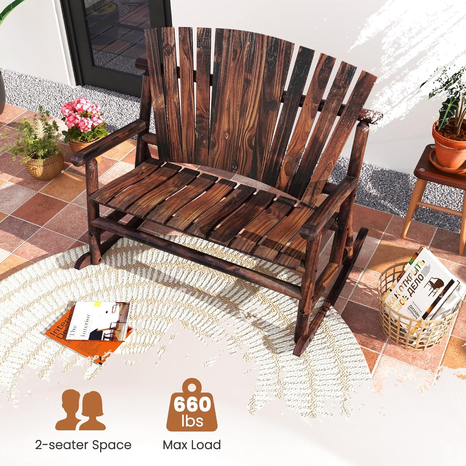 Tangkula 2-Person Wood Outdoor Rocking Chair, Outside Adirondack Rocker with High Back and Slatted Seat, Oversized Porch Rocking Chair for Balcony, Garden, Backyard, Patio