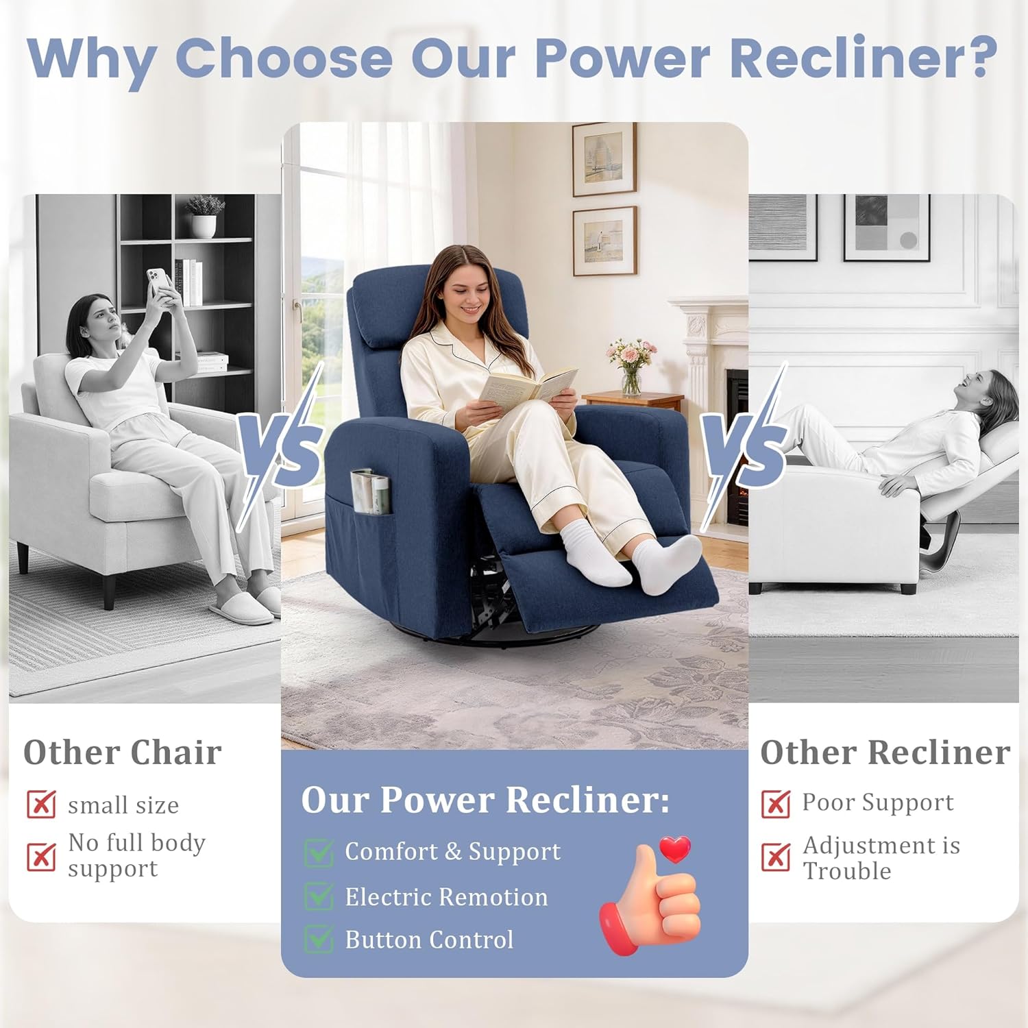 Korser Power Swivel Recliner Chairs for Adults, Electric Glider Rocking Chair Nursery, Glider Recliner Nursery Chair with Classified Side Pocket, Nursery Rocking Chairs with USB and Type-C Ports