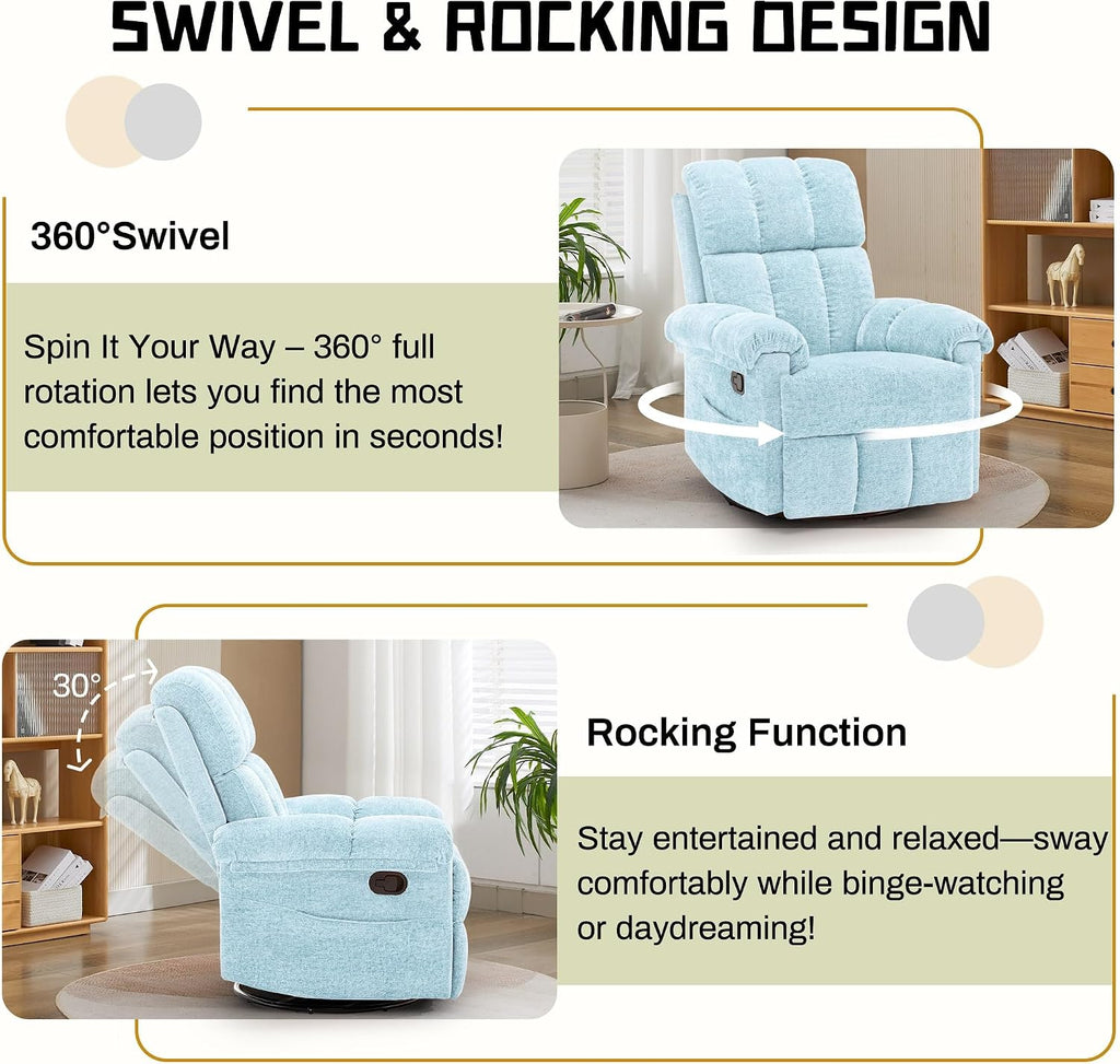 Korser Recliner Chair, Swivel Rocker Recliner Chair for Adults, Small Recliners for Small Spaces, Manual Recliner with Side Pockets, Upholstered Nursery Rocking Chair for Living Room, Chenille, Blue