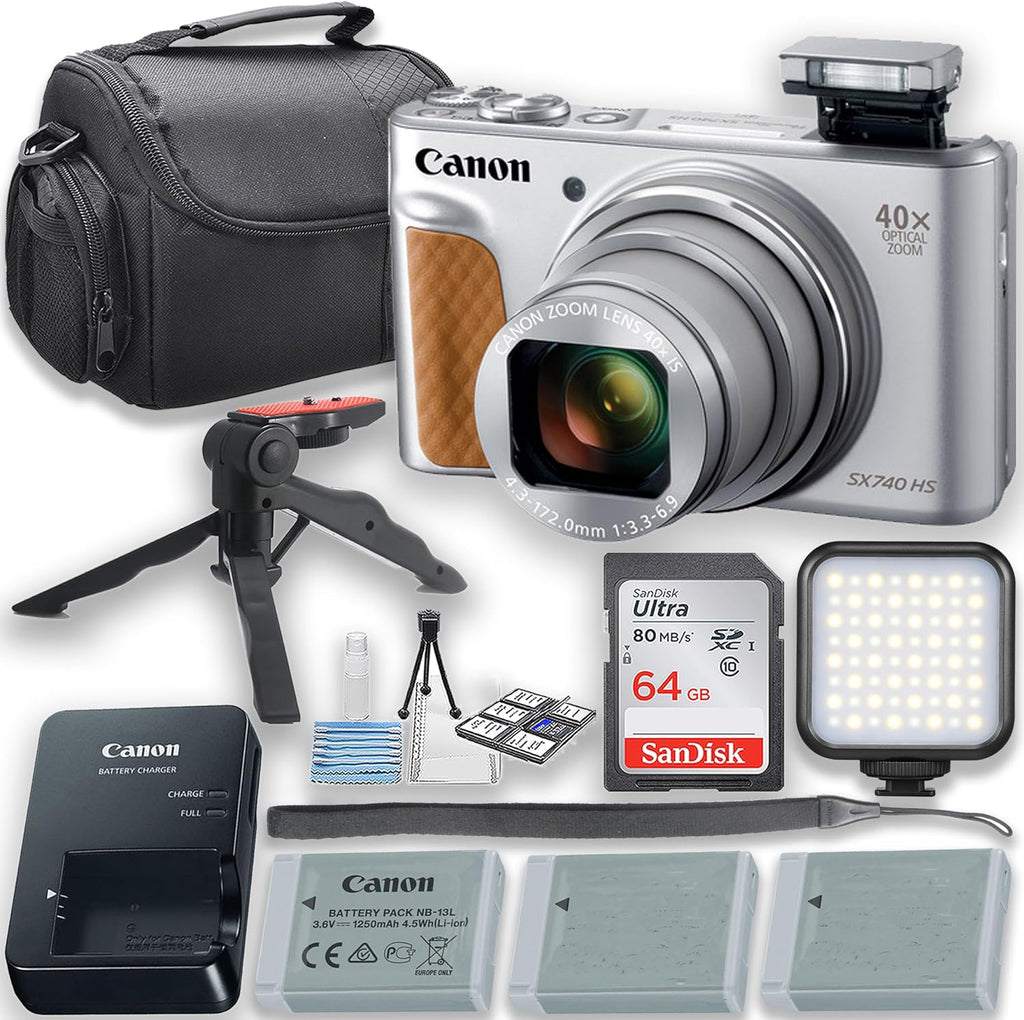 Canon PowerShot SX740 HS Digital Camera (Silver) with LED Video Light + Two Extra Batteries + 64GB Memory Card + Tripod + Case & More (Renewed), Black
