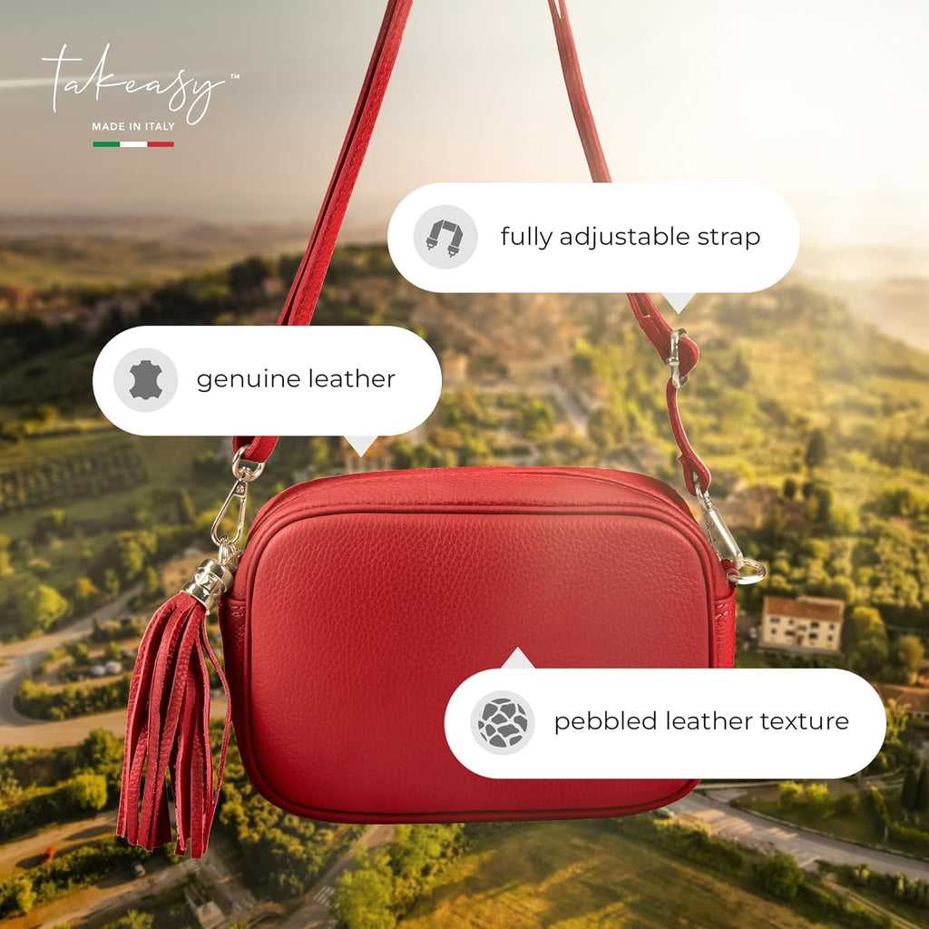 Italian Calf Leather Crossbody Bag for Women with Tassel Zipper | Small Camera Purse Shoulder Handbag Pocketbook