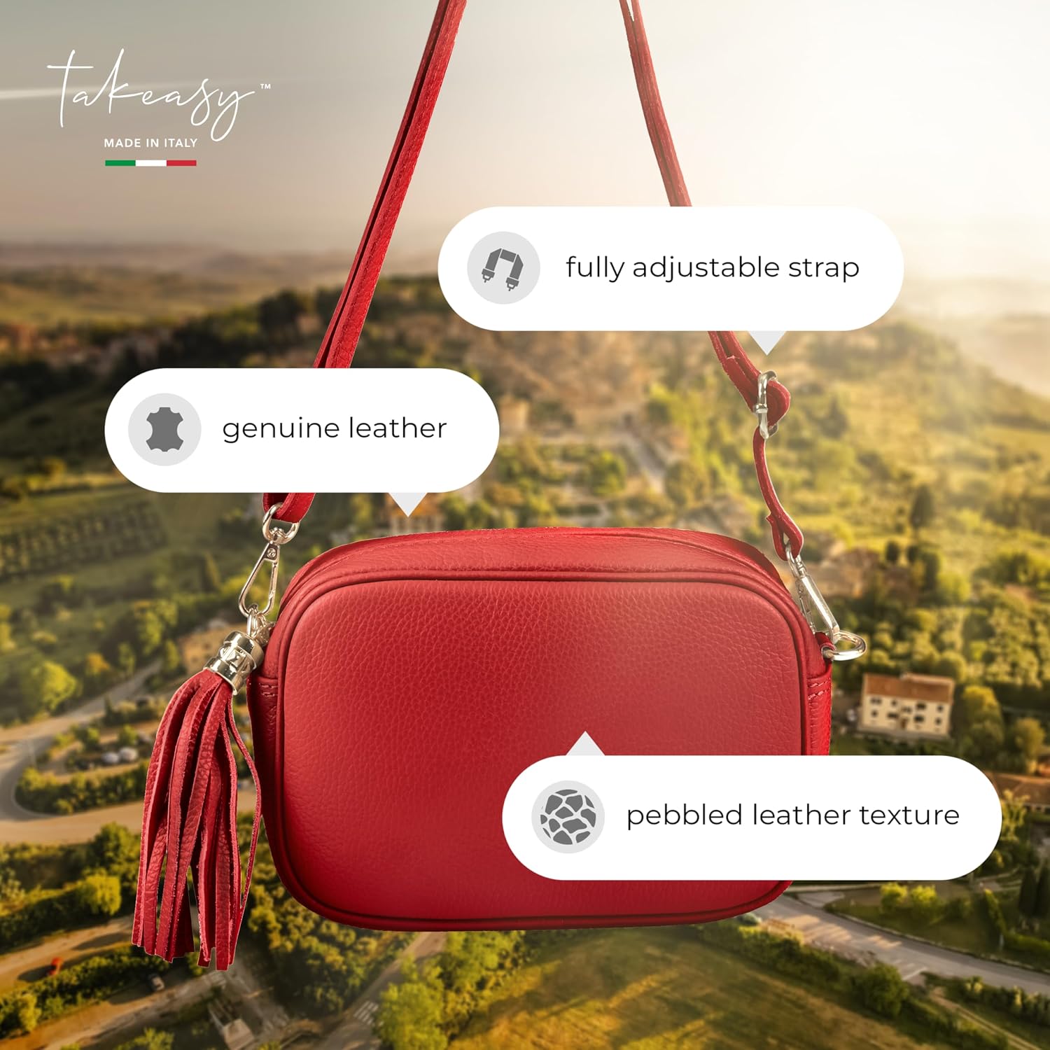 Italian Calf Leather Crossbody Bag for Women with Tassel Zipper | Small Camera Purse Shoulder Handbag Pocketbook