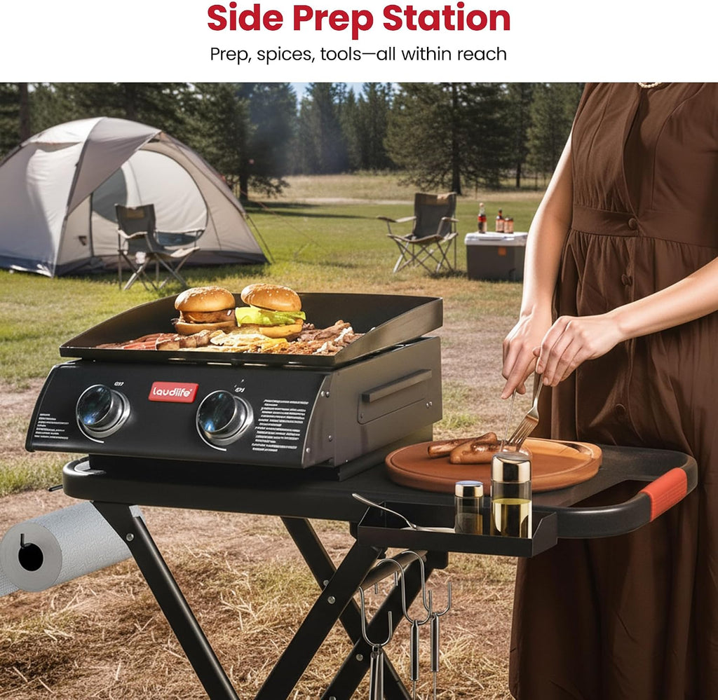 Laudlife Portable Propane Gas Griddle with Collapsible Stand, Non-Stick Enameled Cast Iron, 342 SQ.IN Cooking Space, 2 Burners Flat Top Griddles for Camping, Tailgating, Outdoor Cooking