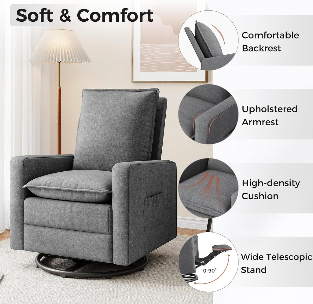 Amopatio Nursery Rocking Recliner, 360° Swivel Glider Chair with Adjustable Backrest, 20° Rocking Nursing Chair, High-Density Cushion Lounge Chair for Nursery Living Room Reading Rest(300 LBS)