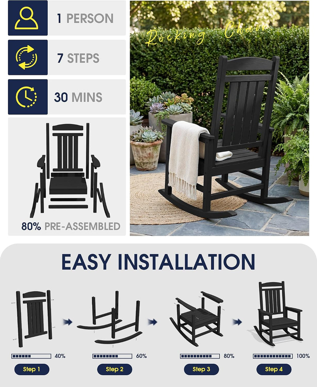 KINGYES Oversized Outdoor Rocking Chair Set of 4, High Density Polyethylene Patio Rocking Chairs with 350lbs Support for Adults, Black