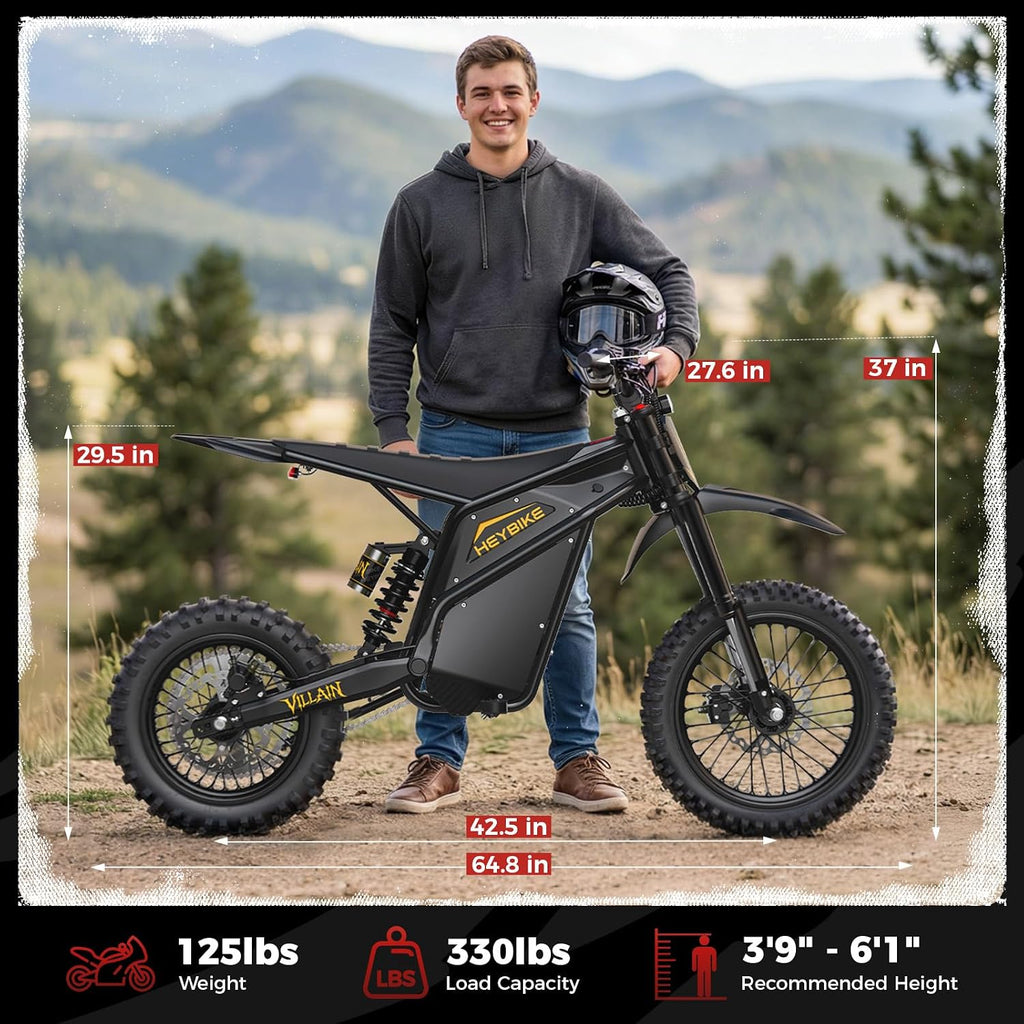 Heybike Villain Electric Dirt Bike with 4160W Motor 1352WH Battery, Up to 45 MPH, 50 Miles Range, 14'/12' Fat Tire Electric Bike with Hydraulic Brakes&Dual Suspension, Off-Road E-Bike