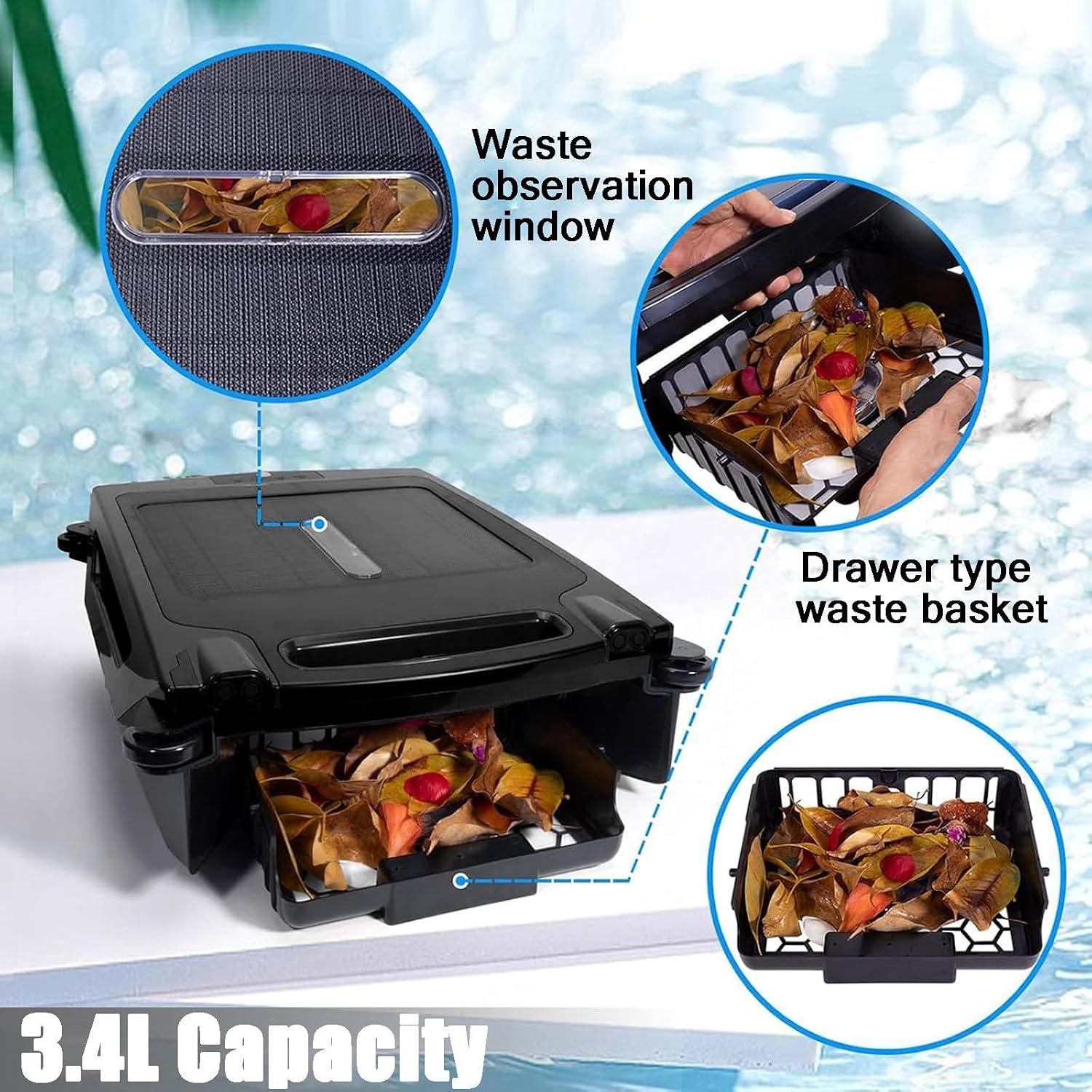 Solar Pool Skimmer, Automatic Pool Vacuum Cleaner, Dual Mode Selectable, Filtration Range 100㎡, 400μm Filtering Density,Fully-Automatic