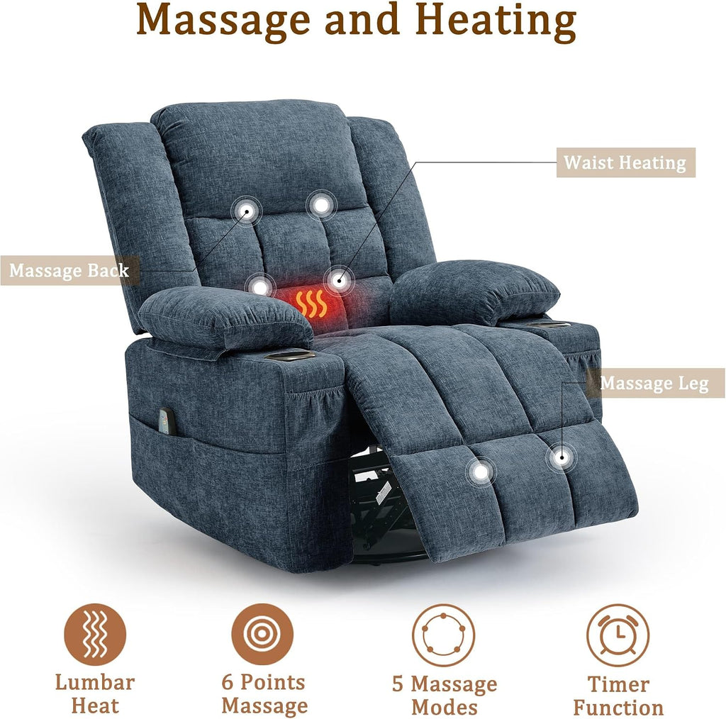 Korser 360° Swivel Rocker Recliner for Adults, Nursery Glider Recliner with Massage and Heating, Rocking Chair with Cup Holder, Manual Recliner Chair for Living Room, Bedroom (Fabric, Blue)