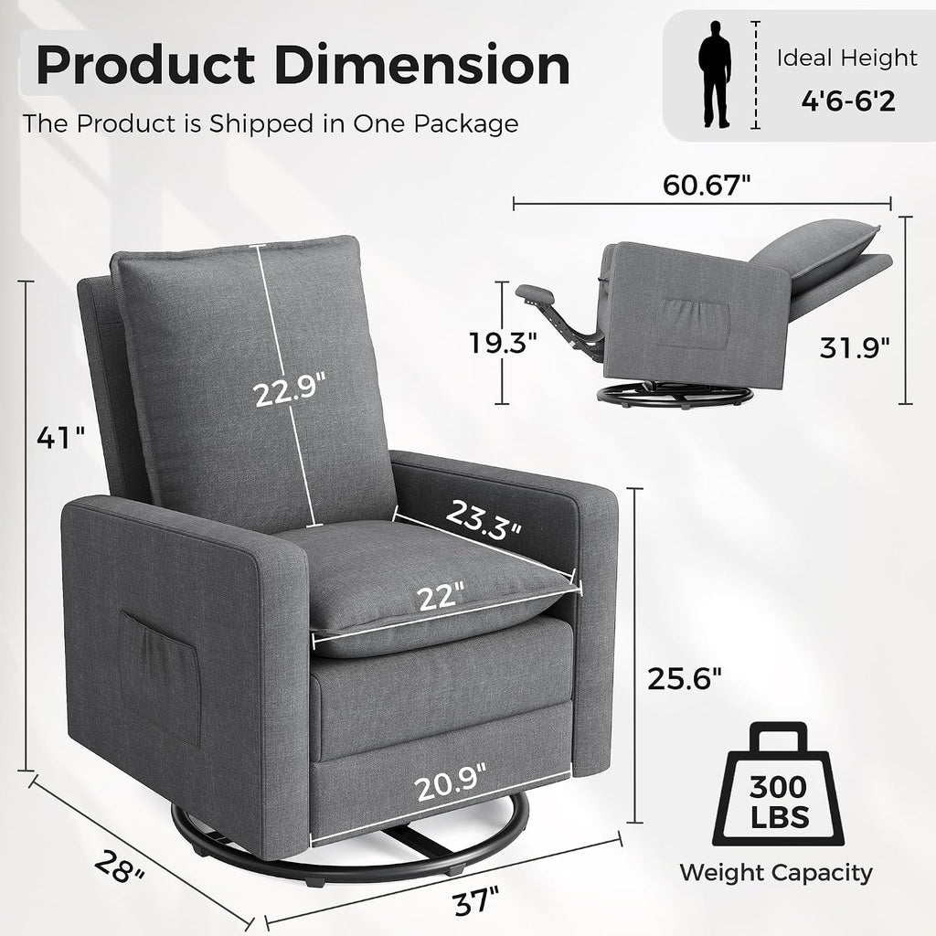 Amopatio Nursery Rocking Recliner, 360° Swivel Glider Chair with Adjustable Backrest, 20° Rocking Nursing Chair, High-Density Cushion Lounge Chair for Nursery Living Room Reading Rest(300 LBS)