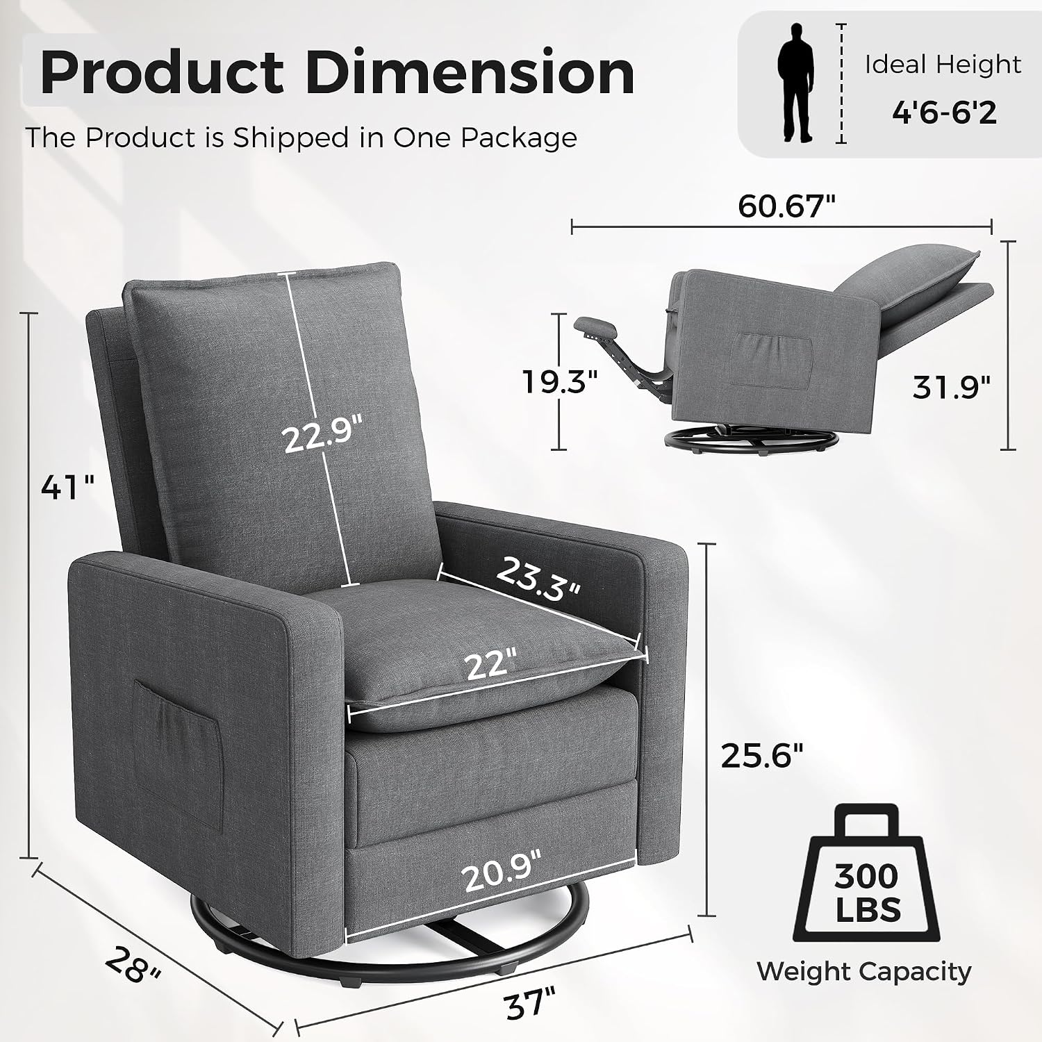 Amopatio Nursery Rocking Recliner, 360° Swivel Glider Chair with Adjustable Backrest, 20° Rocking Nursing Chair, High-Density Cushion Lounge Chair for Nursery Living Room Reading Rest(300 LBS)