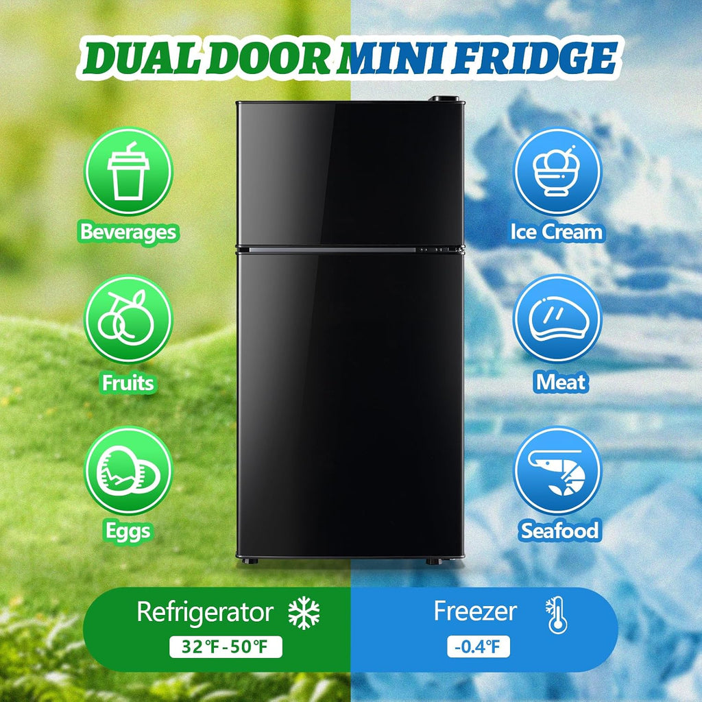DEMULLER 2.4 Cu.ft Mini Fridge with Top Freezer Apartment Size Dual Door Compact Refrigerator for Personal Use Small Fridge with Egg tray, 7 Temperature Control For Dorm, Black