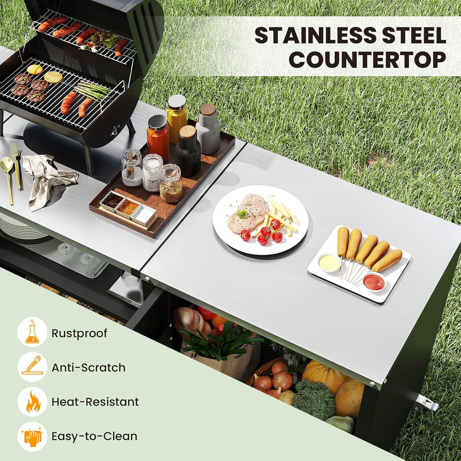 Happygrill 80' Outdoor Grill Table with Sink & Drainage, Heavy Duty Metal Grill Cart w/Cabinet & Removable Stainless Steel Top, Portable Prep Cooking Table w/Wheels for BBQ, Patio, Camping & Backyard