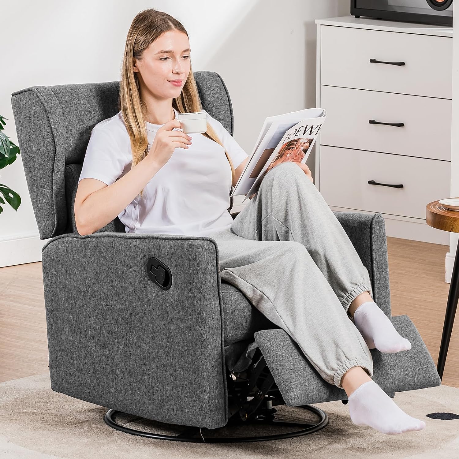 COMHOMA Rocking Recliner Chair,Swivel Glider Reclining Single Sofa Manual Rocker Recliners,Nursery Rocking Chairs with Upholstered Seating for Living Room Office(Grey)