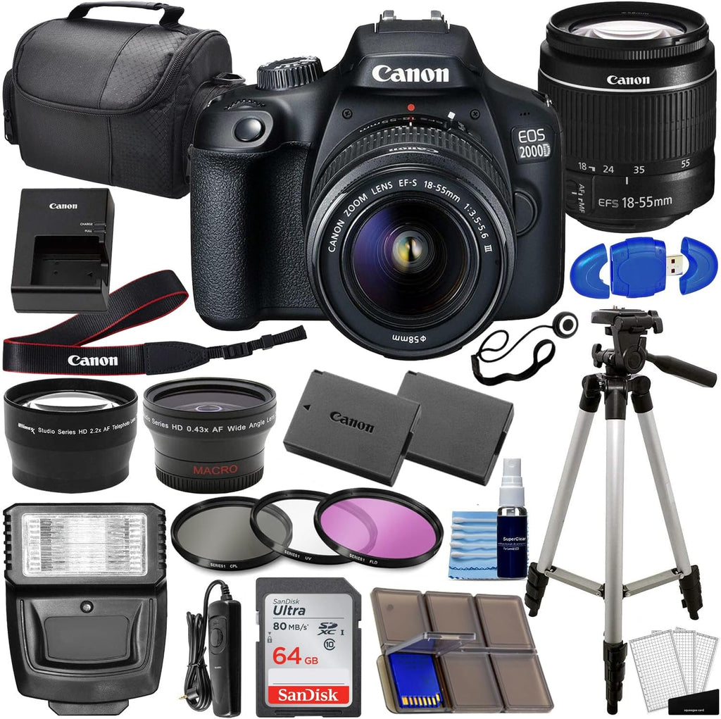 Canon EOS 2000D (Rebel T7) DSLR with 18-55mm Lens 3 Lens Kit Bundled with 64GB Memory Card, Extra Battery, 3PC Filter Kit, Tripod, Case + Complete Photo Bundle - International Model, Black (Renewed)