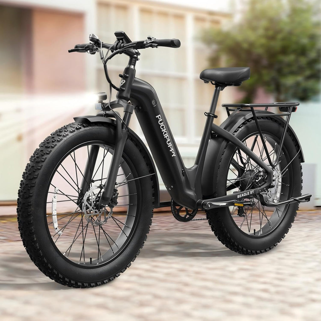PUCKIPUPPY Electric Bike for Adults 500W, Step-Through Design, 26' Fat Tire Electric Mountain Hunting Bike, 48V 15AH Max 20MPH Off-Road Ebike with Rear Storage Shelf