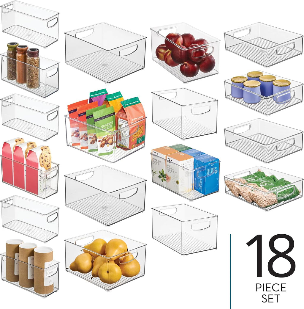 iDesign Stackable Plastic Handle Bin Assortment Set - Storage Organizers for Kitchen, Fridge, Pantry, Home -18 Pack, Clear