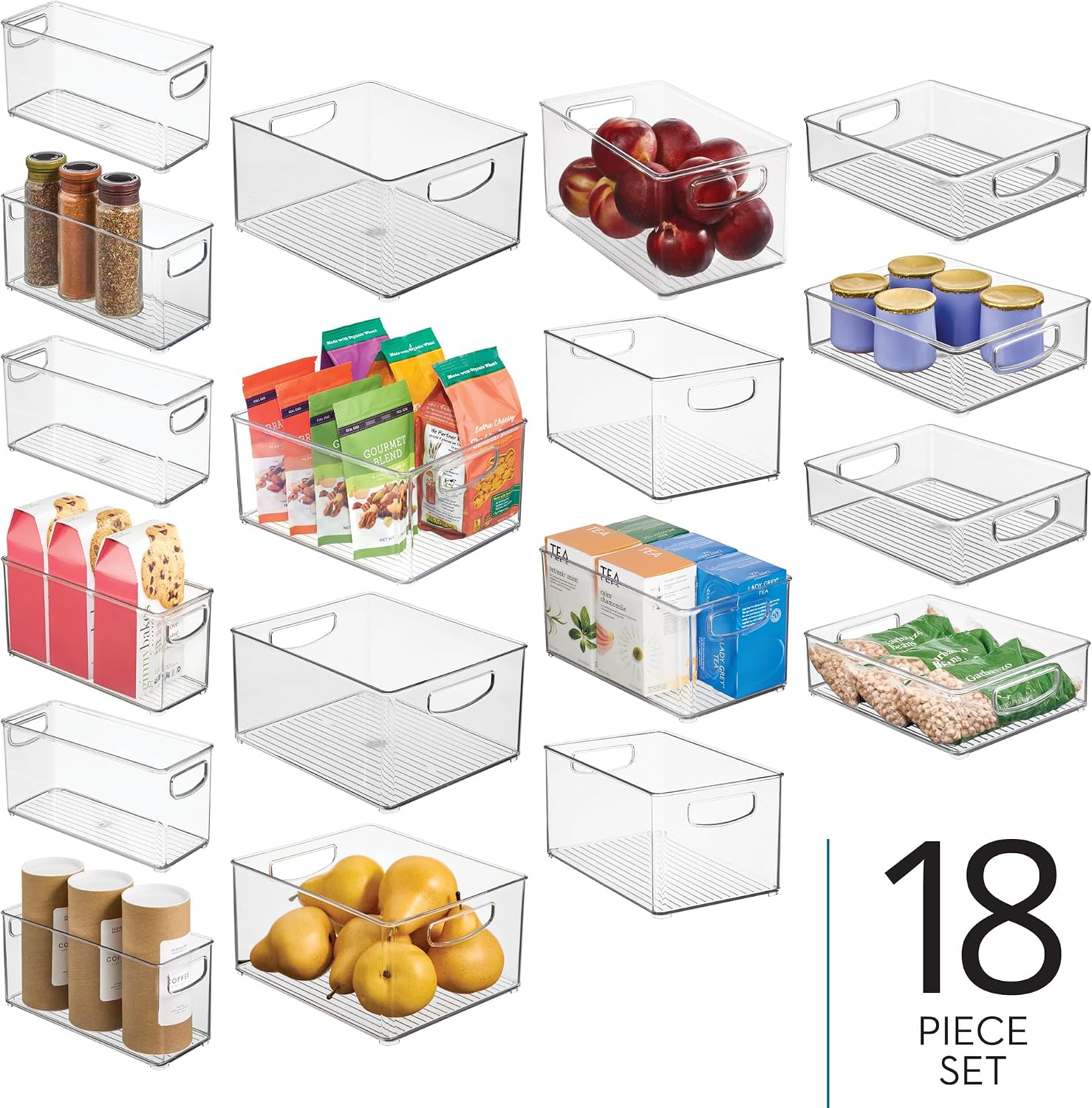 iDesign Stackable Plastic Handle Bin Assortment Set - Storage Organizers for Kitchen, Fridge, Pantry, Home -18 Pack, Clear