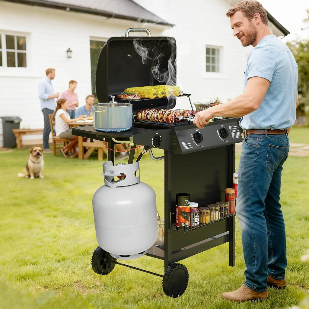 Happygrill 2 + 1 Burner Propane Gas Grill, 30,000 BTU Outdoor Cooking Grill with Storage Shelves & Porcelain-Enameled Grates, Portable BBQ Grills on Wheels w/Thermometer for Backyard, Camping & Picnic