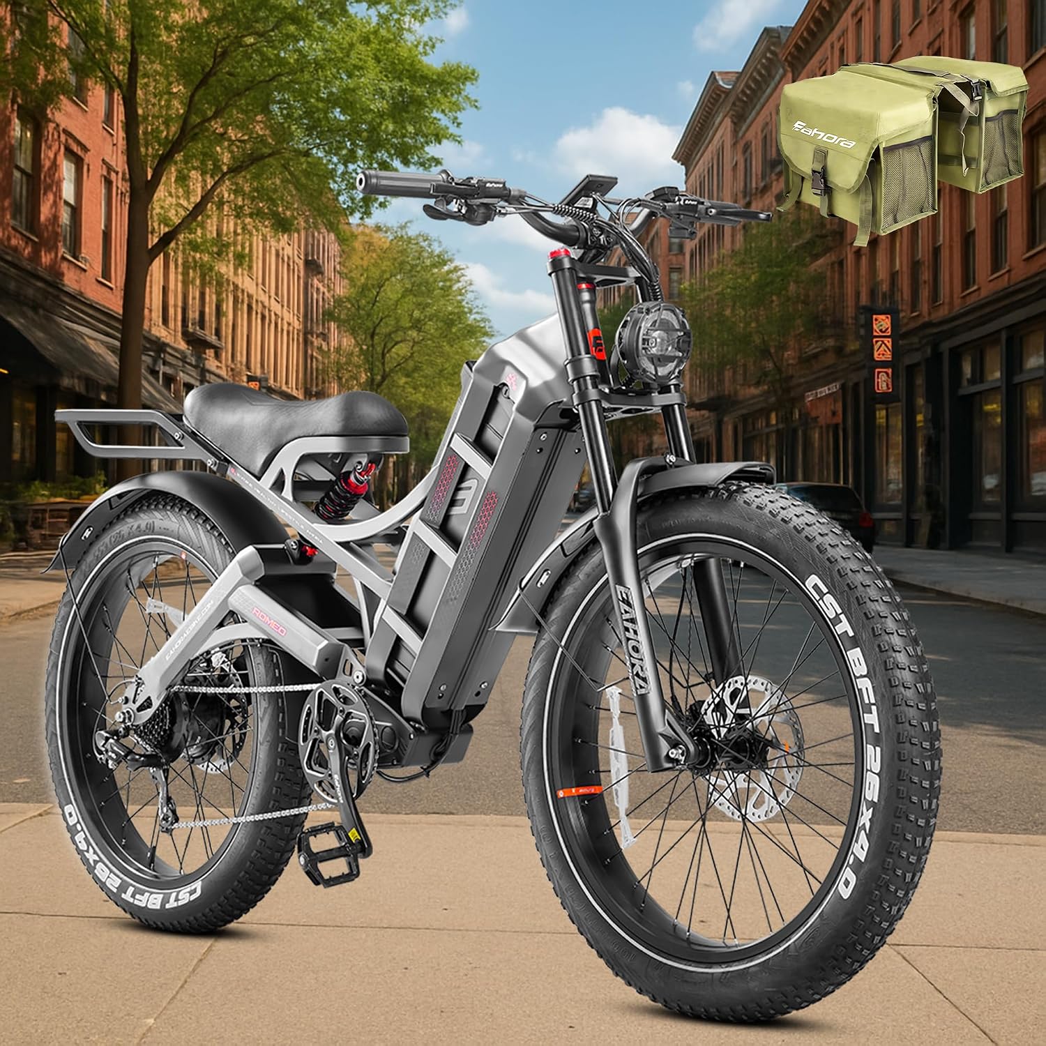 eAhora 2025 Romeo Pro Electric Bike for Adults 1600W Motor Electric Bicycle 29-34MPH 48V 60Ah 100-200Miles Long Range 26 * 4.0 Fat Tire Full Suspension Electric Mountain Bike with Rack+Bag Gray