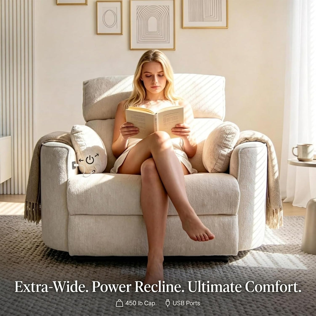 450lbs Oversized Power Recliner Chair for Big and Tall Adults, 52' Extra Wide Electric Recliner with USB & Type-C Ports, Chenille Fabric Single Sofa Chair for Living Room & Bedroom, Beige