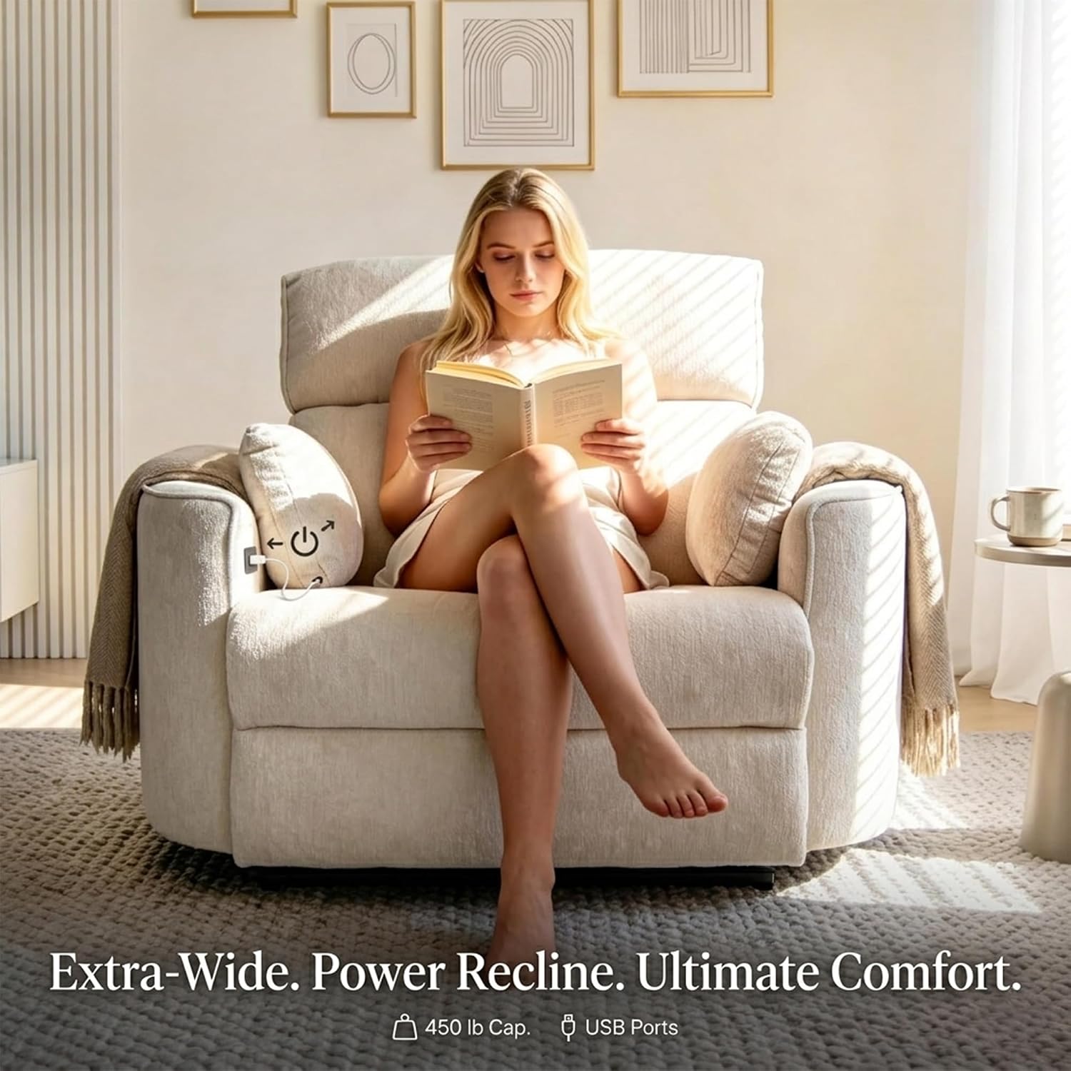 450lbs Oversized Power Recliner Chair for Big and Tall Adults, 52' Extra Wide Electric Recliner with USB & Type-C Ports, Chenille Fabric Single Sofa Chair for Living Room & Bedroom, Beige