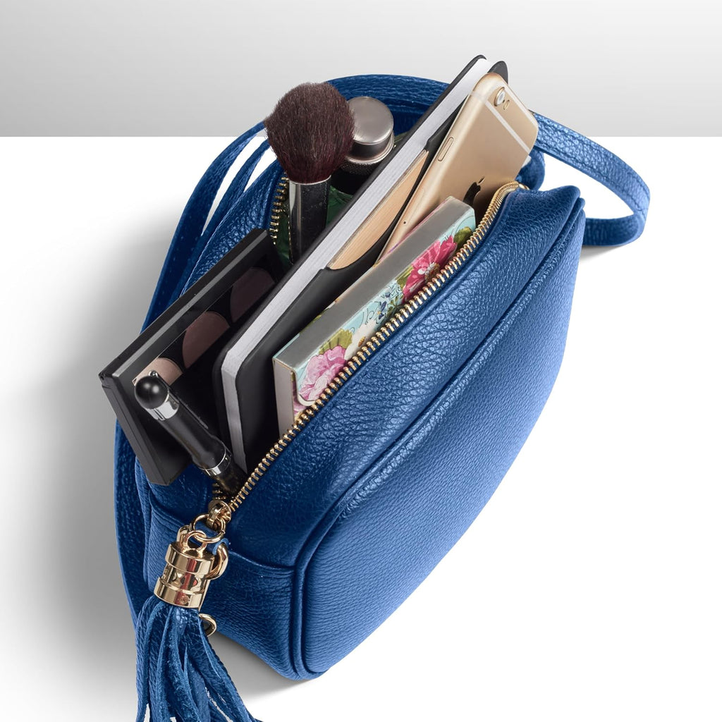 Italian Calf Leather Crossbody Bag for Women with Tassel Zipper | Small Camera Purse Shoulder Handbag Pocketbook