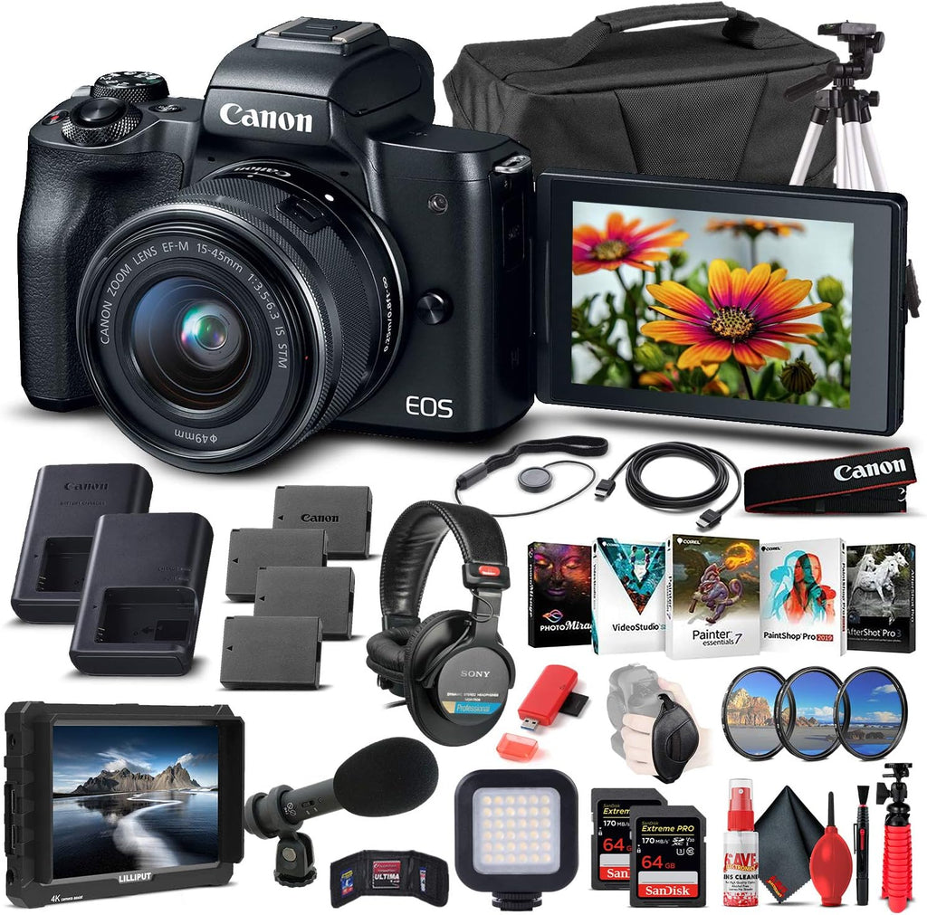 Canon EOS M50 Mirrorless Digital Camera with 15-45mm Lens (Black) (2680C011), 4K Monitor, Pro Headphones, Pro Mic, 2 x 64GB Memory Card, Case, Corel Photo Software, Pro Tripod + More