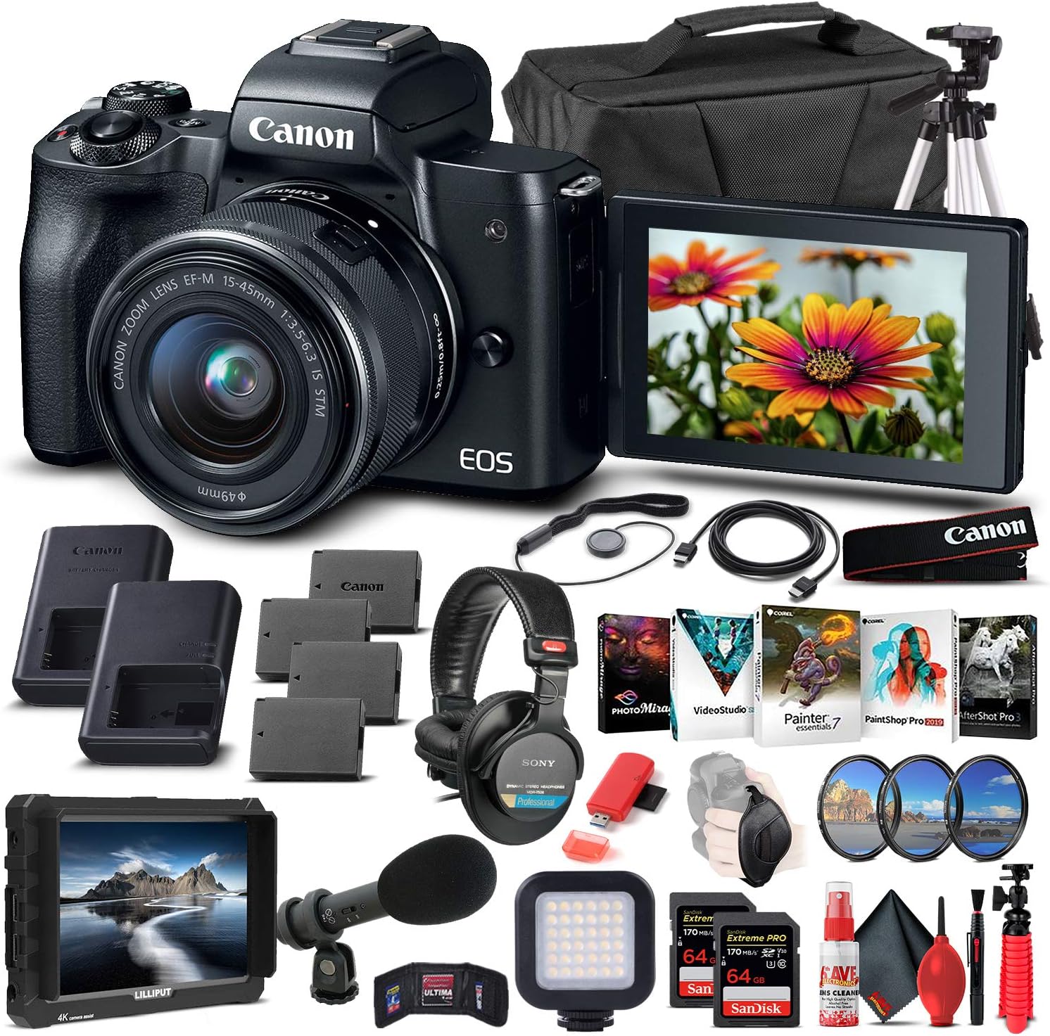 Canon EOS M50 Mirrorless Digital Camera with 15-45mm Lens (Black) (2680C011), 4K Monitor, Pro Headphones, Pro Mic, 2 x 64GB Memory Card, Case, Corel Photo Software, Pro Tripod + More
