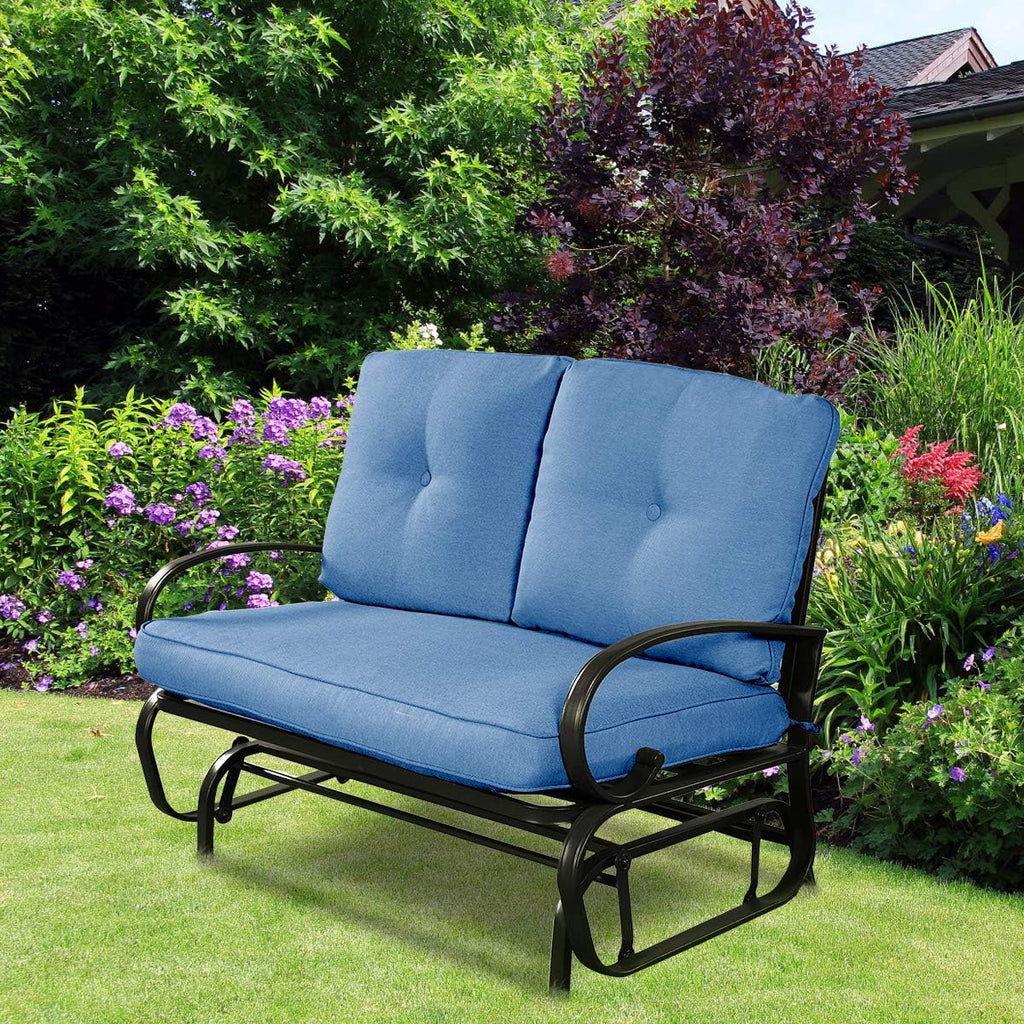 Giantex Outdoor Glider Bench, Patio 2 Person Loveseat with Removable Cushion, Padded Seat, Stable Steel Frame, Outside Glider Swing Chair for Deck, Poolside, Backyard, Balcony, Porch Glider(Navy)