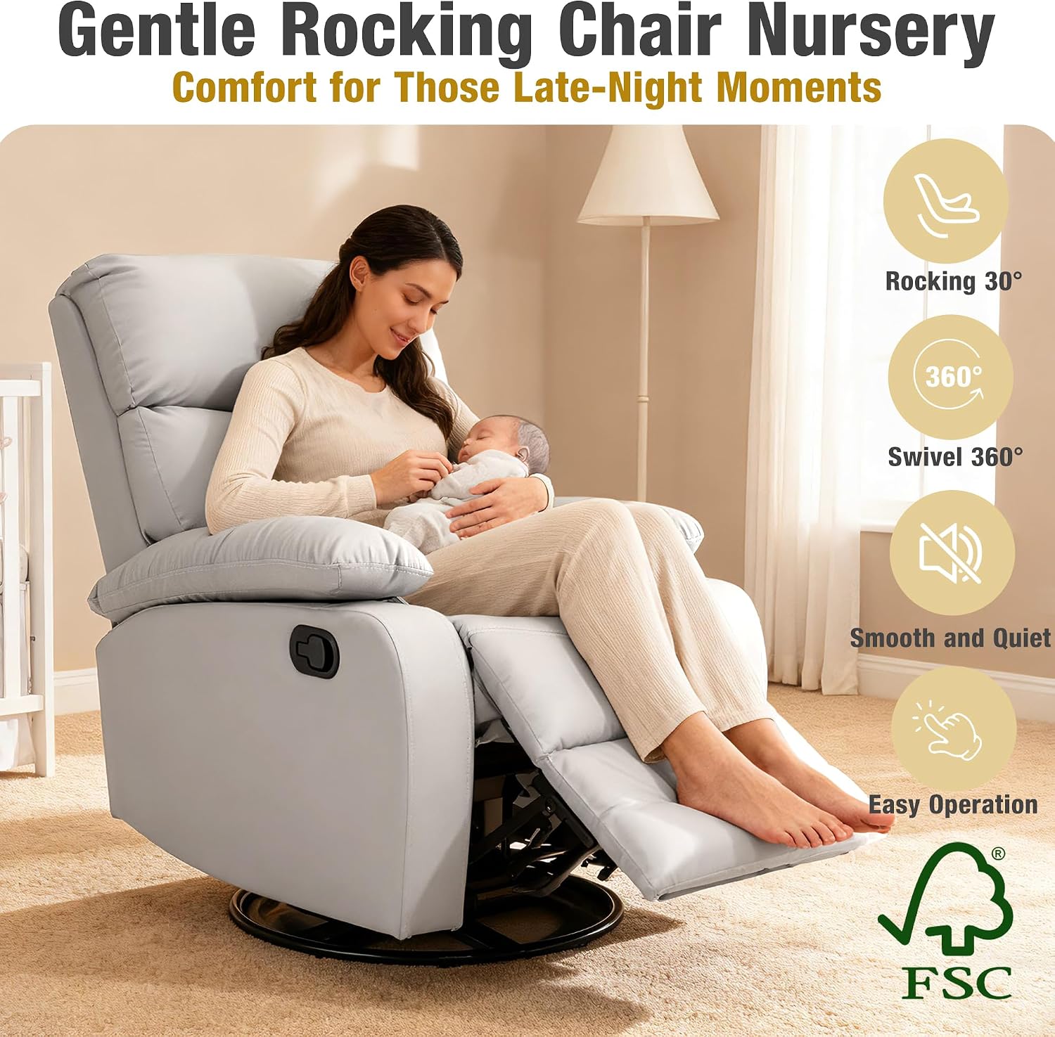 hzlagm Swivel Rocker Recliner, Rocking Chair Nursery, Small Rocker Recliners for Small Spaces, Living Room, Bedroom, Nursery, RV, Light Grey