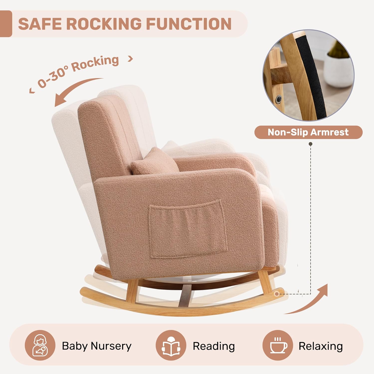 HCHAIRH Rocking Nursery Chair with Ottoman, Upholstered Glider Rocker with Side Pocket, Comfy Reading Chair with Solid Wood Legs for Nursery, Living Room,Bedroom, Coffee