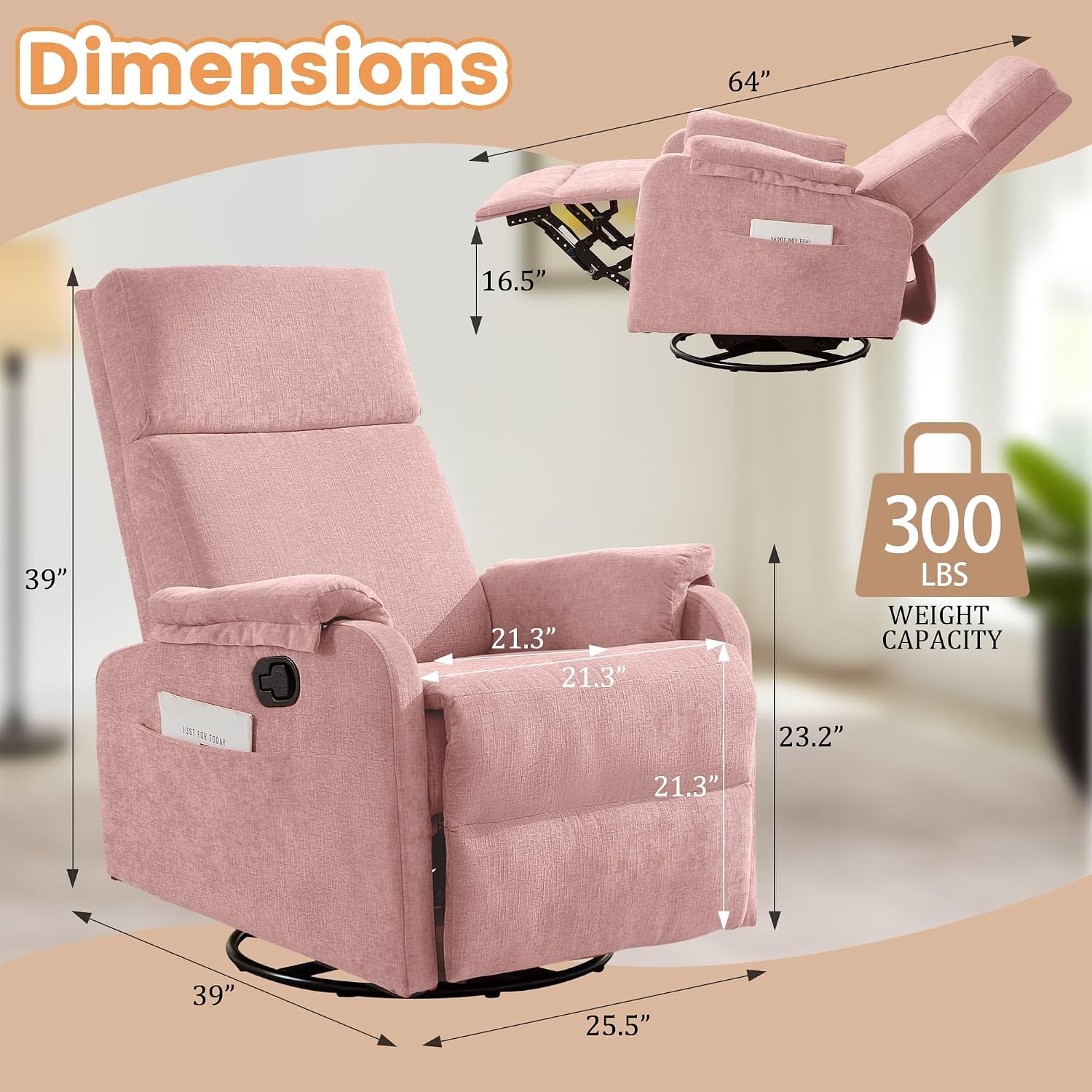Korser Recliner Chair, Swivel Rocking Recliner Chair for Adults, Glider Rocking Chair, Small Nursery Chair Recliner for Living Room, Reclining Chair with Modern-Designed Armrests, Chenille, Pink