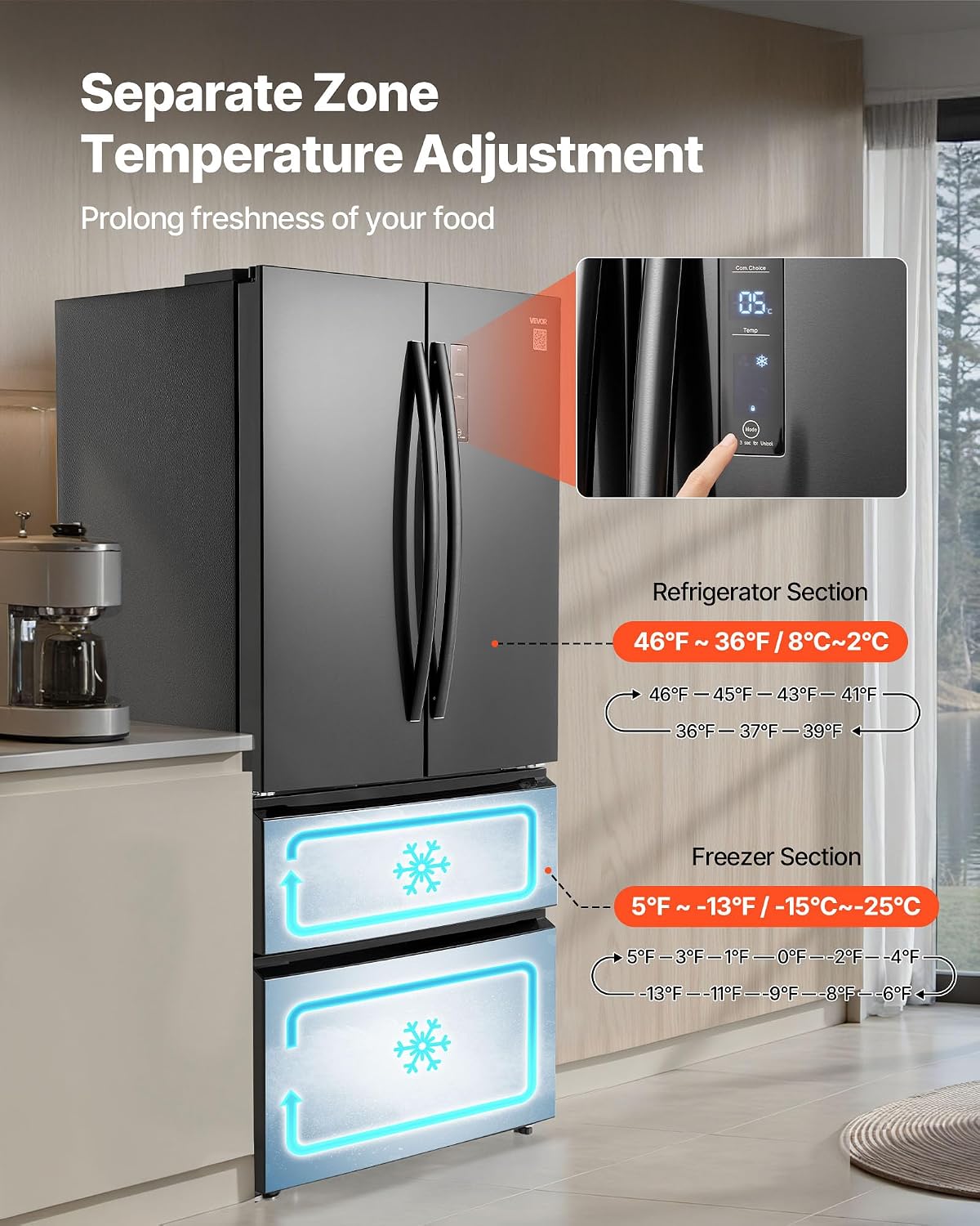 VEVOR French Door Refrigerator, 18.9 Cu. Ft. Kitchen Fridge, Counter Depth French Refrigerator with LED Display and 4 Casters, Frost-Free Bottom Freezer Refrigerators for Home & Commercial Use, Black