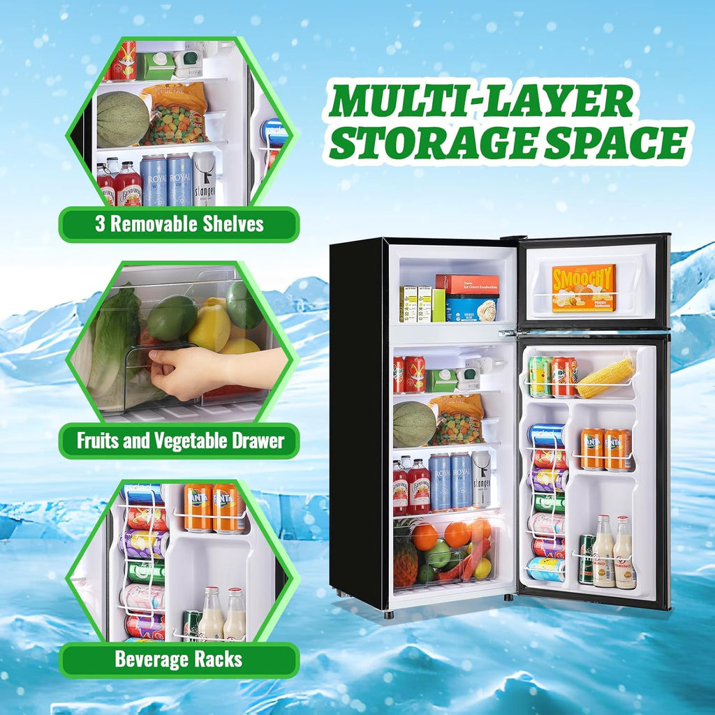 DEMULELR 4.5Cu.ft Refrigerator with Freezer Two Door Fridge with Removable Glass Shelves, Crisper Drawer & Extra Drink Space, LED Light, Apartment Size Fridge for Dorm Silver