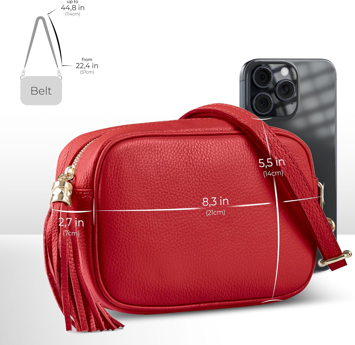 Italian Calf Leather Crossbody Bag for Women with Tassel Zipper | Small Camera Purse Shoulder Handbag Pocketbook
