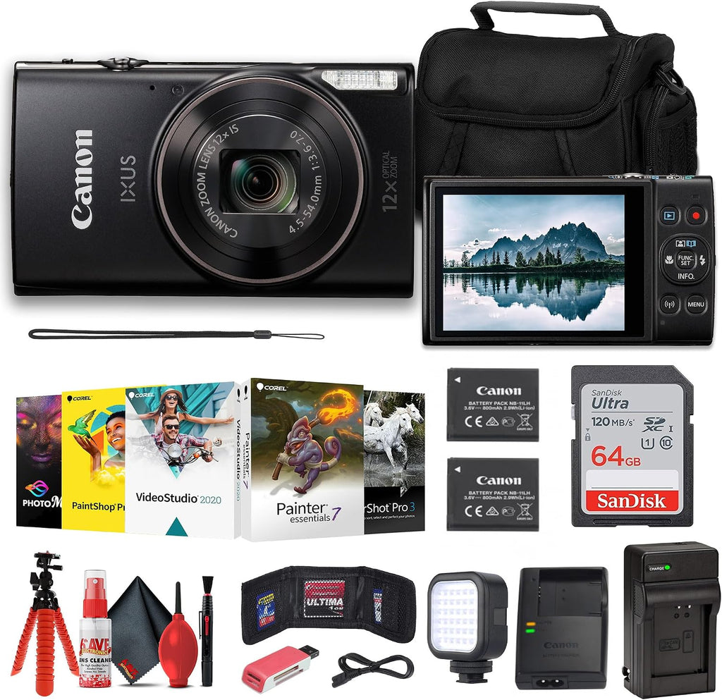 Canon PowerShot IXUS 285 HS 12X Optical Zoom Digital Camera (Black) (1076C001) + NB11L Battery + 64GB Memory Card + Corel Photo Software + Case + Charger + LED Light + Card Reader + More