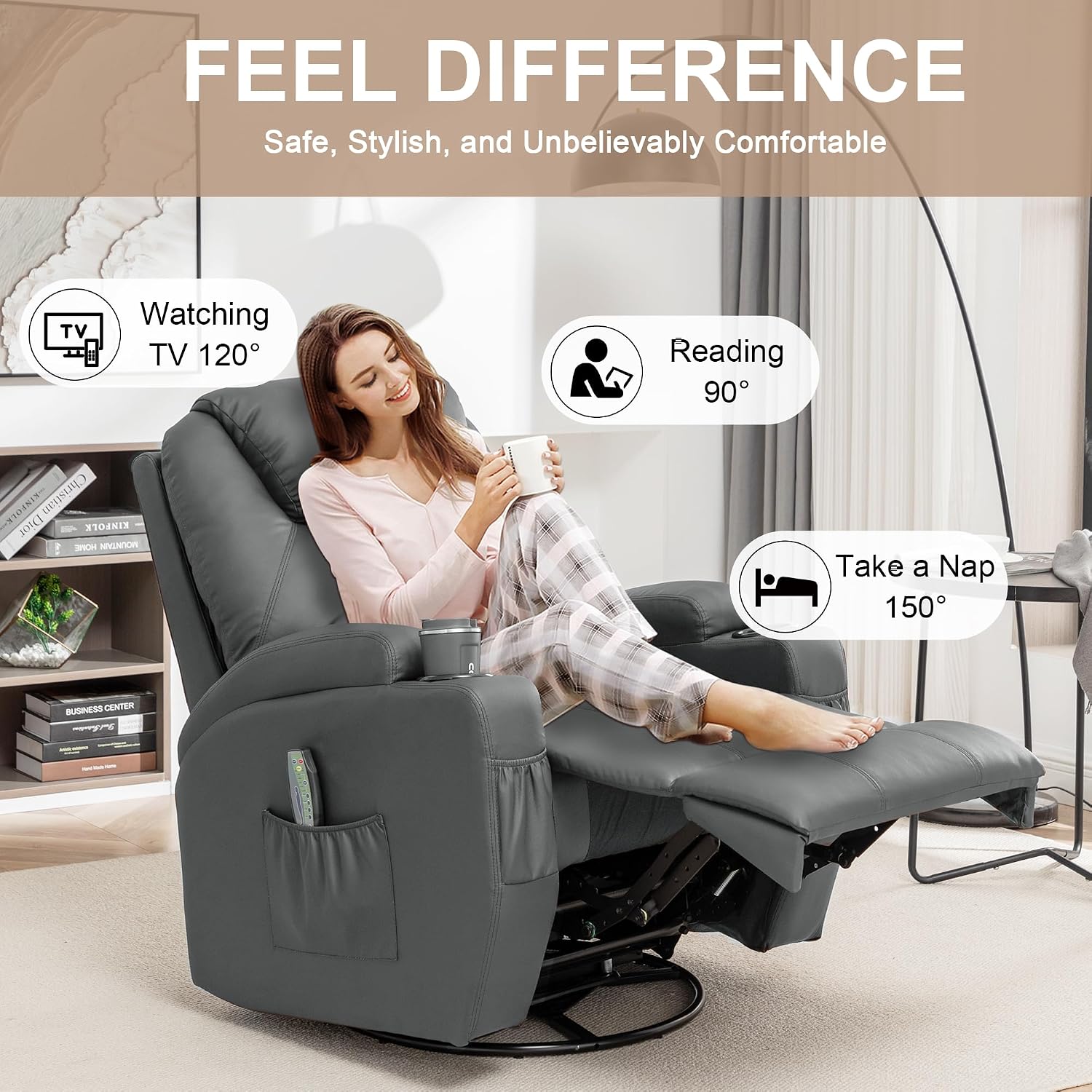 Korser Recliner Chair, Rocking Chair with Massage and Heat, 360° Swivel Recliner Chairs for Adults, Rocker Manual Recliner with Remote Control and Cup Holder for Living Room, Bedroom, Nursery