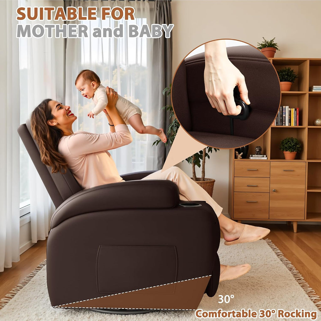 Flamaker Swivel Rocker Recliner Chair with Vibration Massage, 360° Swivel Recliner Chairs for Adults Ergonomic Lounge Chair with Cup Holders Lazy Boy Recliner Single Sofa Seat (Leather, Brown)