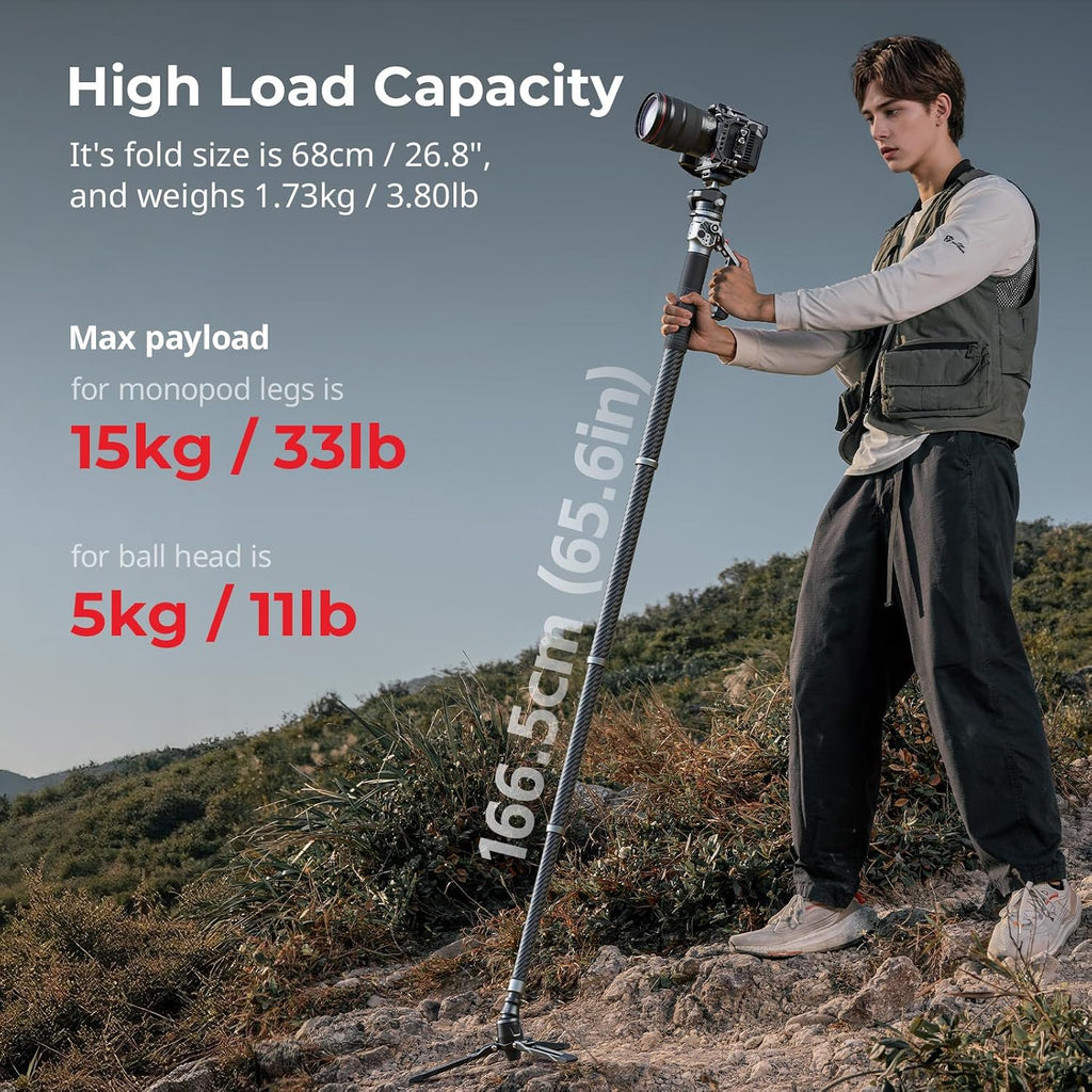 SmallRig 166.5cm / 65.6' Carbon Fiber Monopod for Camera, Compact Camera Monopod with One-Touch Height Adjustment, Max. 5kg Playload Ball Head, Storage Size of 68cm / 26.8', Weighs 1.72kg / 3.8lb