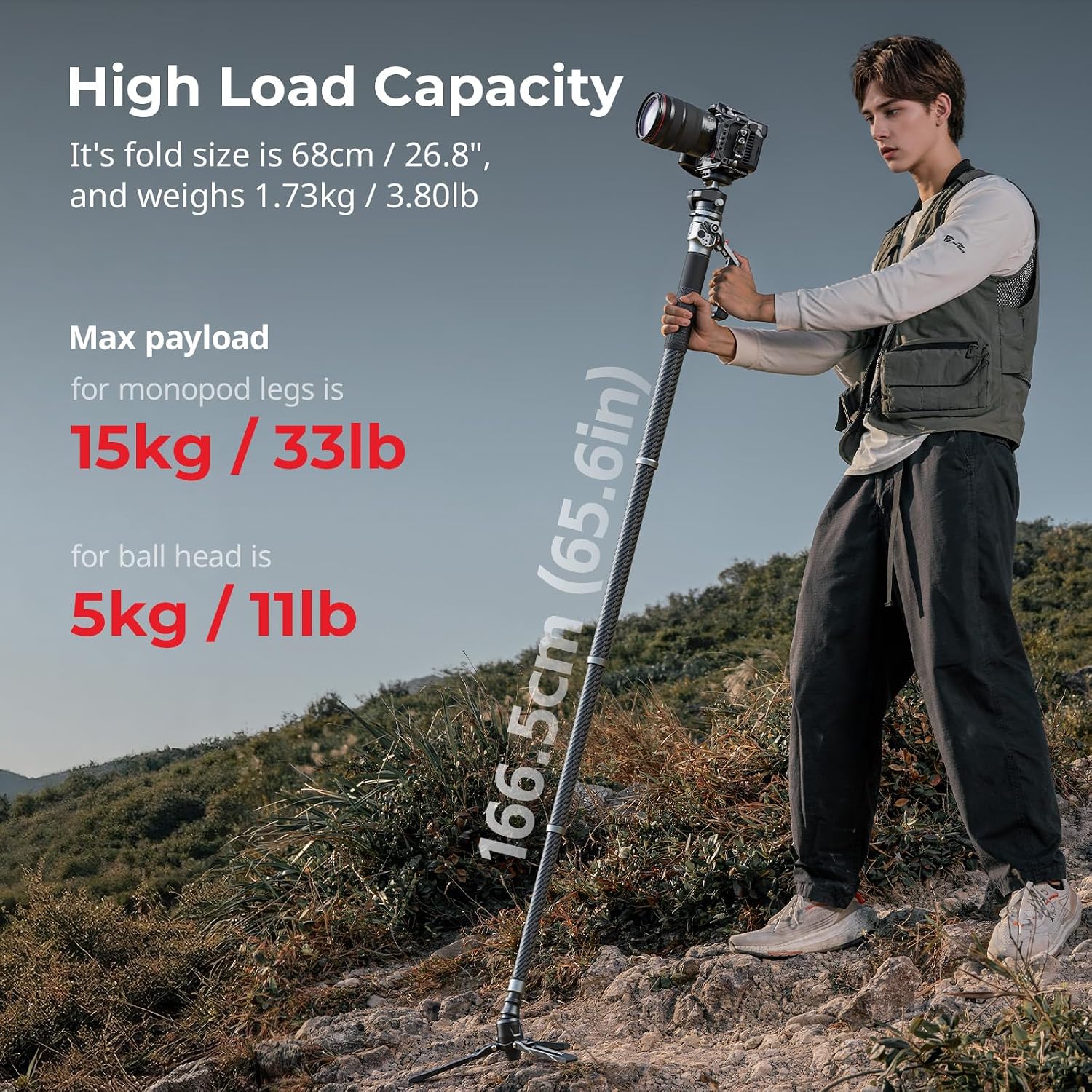 SmallRig 166.5cm / 65.6' Carbon Fiber Monopod for Camera, Compact Camera Monopod with One-Touch Height Adjustment, Max. 5kg Playload Ball Head, Storage Size of 68cm / 26.8', Weighs 1.72kg / 3.8lb