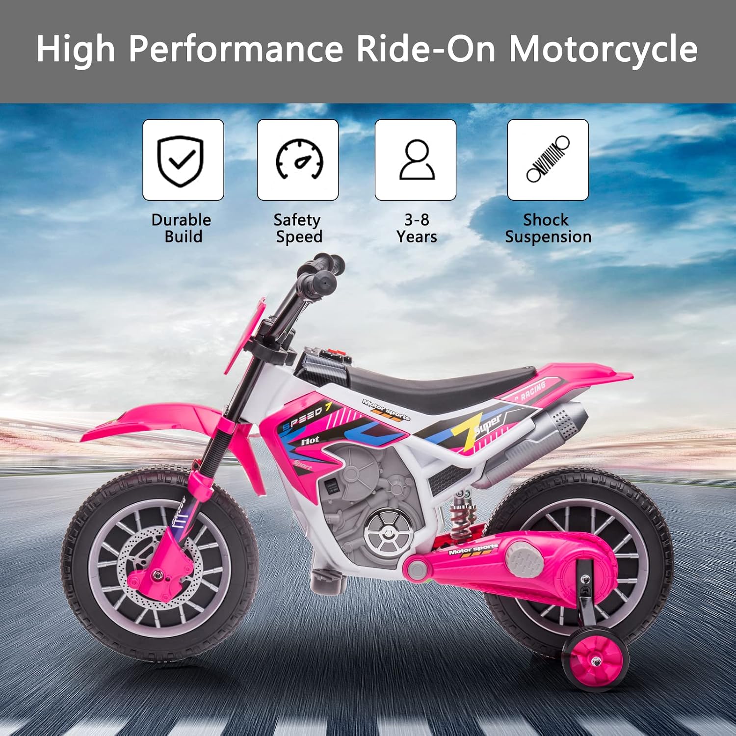 12V Kids Ride on Motorcycle Dirt Bike Toy 4 Wheel Battery Powered Off-Road Motorbike with Training Wheels, 3 mph Top Speed, Music, Charger for Boy Girl Age 3+ (Rose Red)