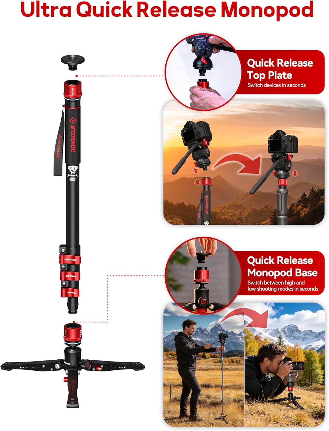 IFOOTAGE Monopod Cobra 3 C180F, 71' Carbon Fiber Travel Monopod with Base, Professional Video Monopod with Tripod Base, Max Load 10KG