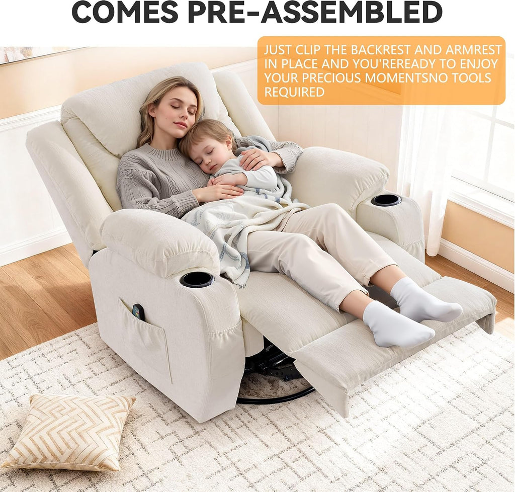Korser Oversized Recliner Chair, 360° Swivel Recliner for Adults, Swivel Rocker Recliner Chair with Heat and Massage, Manual Recliner with Remote Control and Cup Holders for Living Room, Chenille