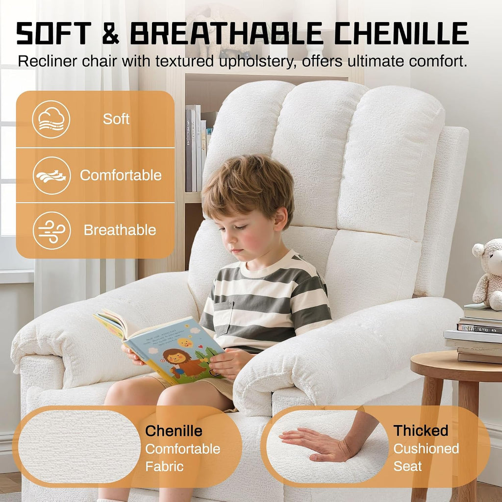 Korser Recliner Chair, Swivel Rocker Recliner Chair for Adults, Small Recliners for Small Spaces, Upholstered Manual Recliner with Side Pockets, Nursery Rocking Chair for Living Room, Chenille, Beige