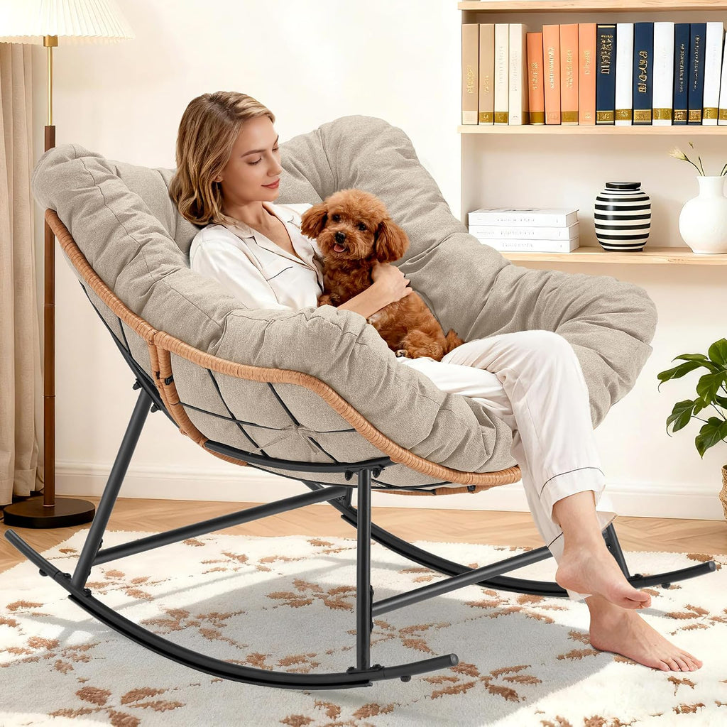 Youtanic Outdoor Rocking Chair, Oversized Papasan Reading Chair Indoor with Thick Cushion, Comfy Rattan Rocker Egg Chair for Patio, Garden, Balcony, Lawn, Backyard, Bedroom, up to 450lbs, Beige