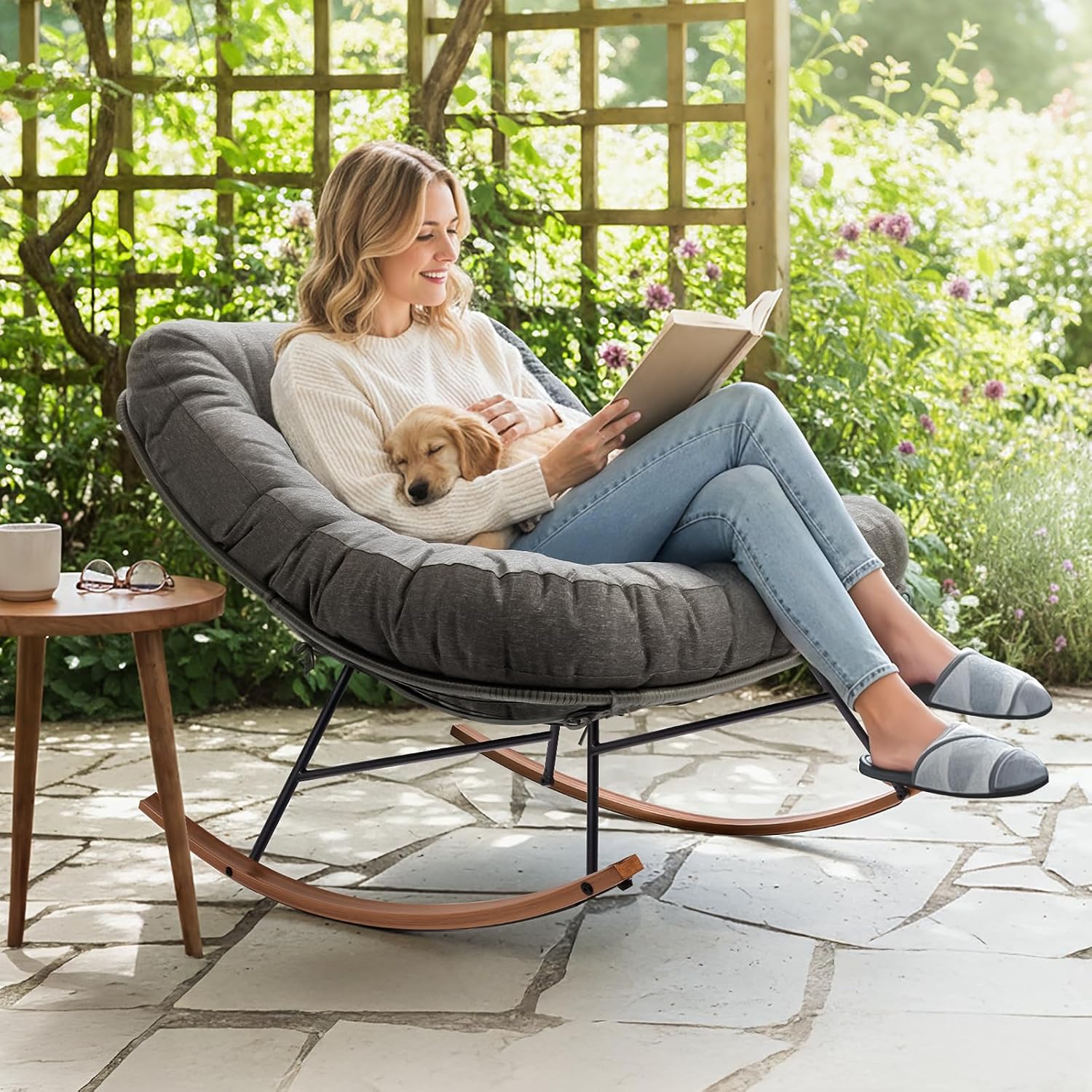 Bme Patio Rocking Chair Outdoor & Indoor, Metal Patio Lounge Rocking Chair with Thick Cushion, Comfy Modern Rocker Chair for Living Room, Porch, Backyard, Grey Cushion - Wood Texture Rocker