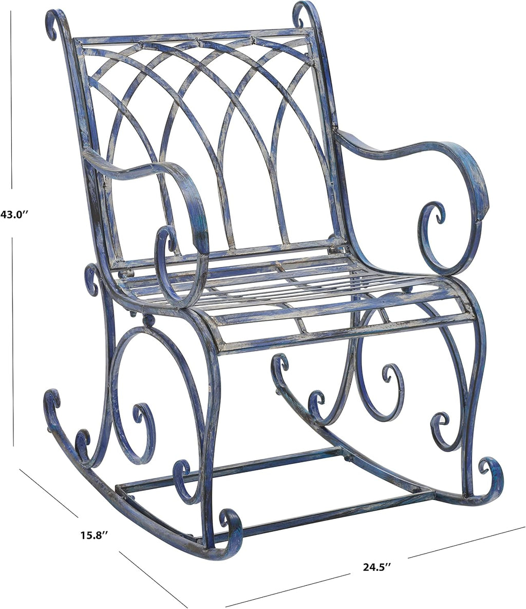 SAFAVIEH Outdoor - Medrano Iron Rocking Chair - Mossy Blue Iron Metal - Vintage Ornate Scrollwork Design - Ideal for Patio, Deck, Porch, Garden, 15' Seat Height (PAT5030C)